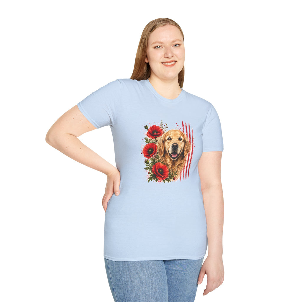 Golden Retriever Poppy T-Shirt | Patriotic Dog Lover Shirt | Golden Retriever Mom Gift | Floral Dog Graphic Tee | Unisex USA Shirt