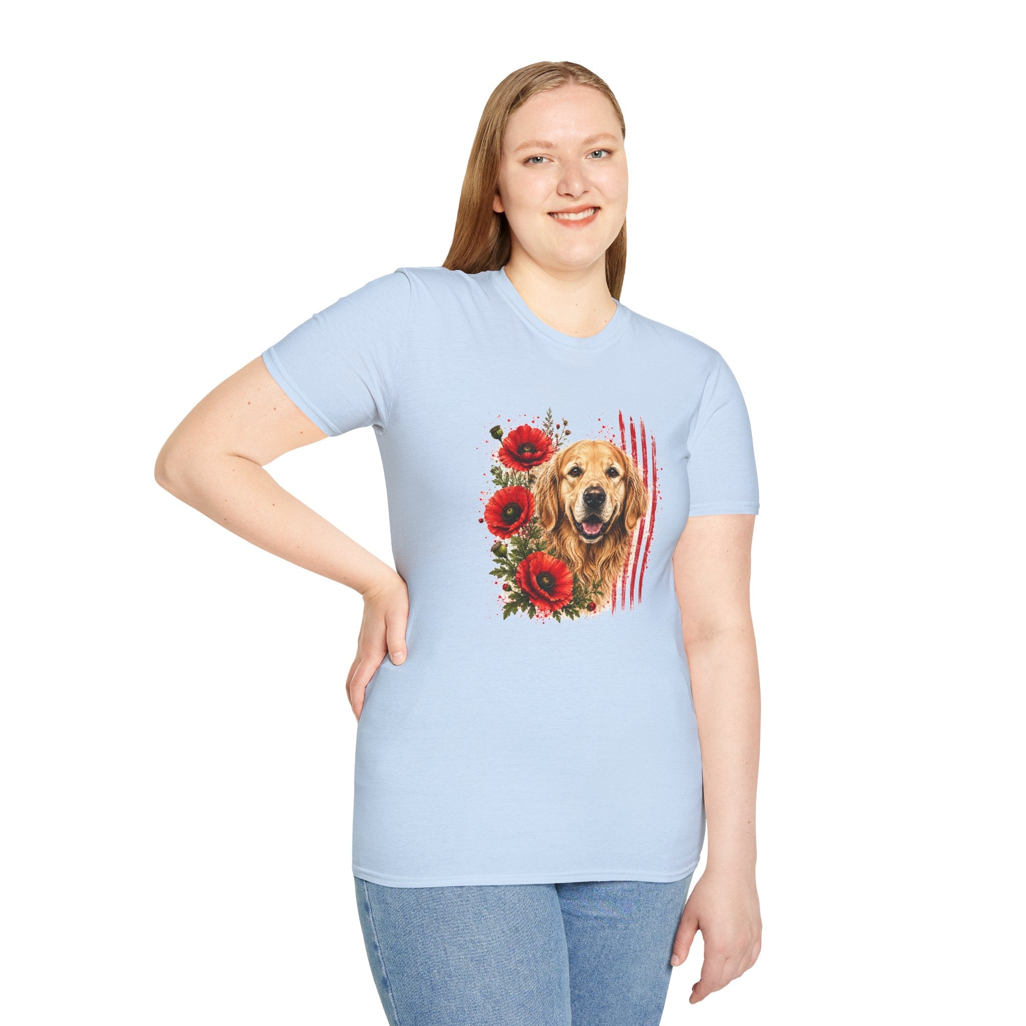 Golden Retriever Poppy T-Shirt | Patriotic Dog Lover Shirt | Golden Retriever Mom Gift | Floral Dog Graphic Tee | Unisex USA Shirt