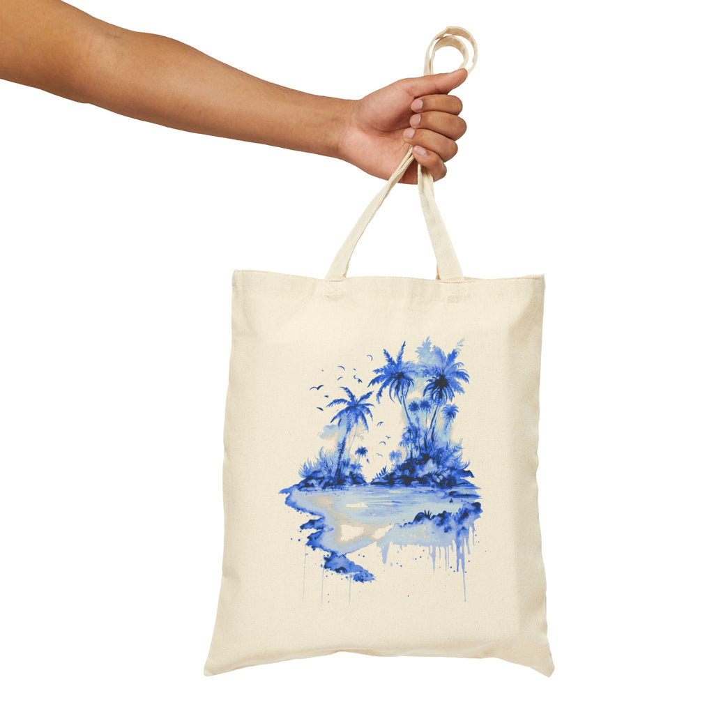 Blue Watercolor Tropical Island Tote Bag | Palm Trees Beach Canvas
