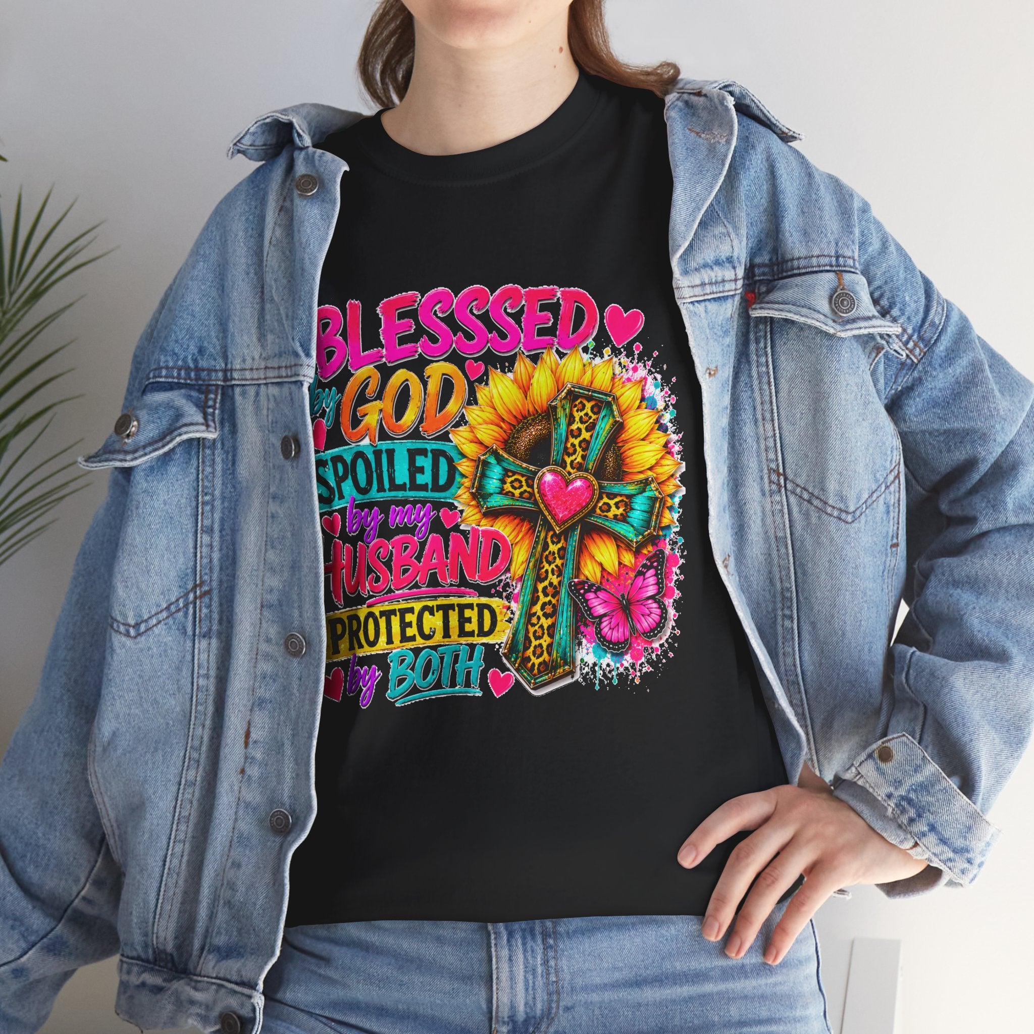 Blessed by God Spoiled by My Husband Tee — Christian Cross Floral Women's Shirt