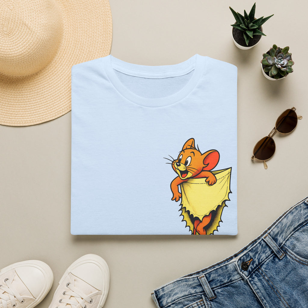 Jerry Pocket Tee — Cute Cartoon Mouse Peeking From Cheese T-Shirt