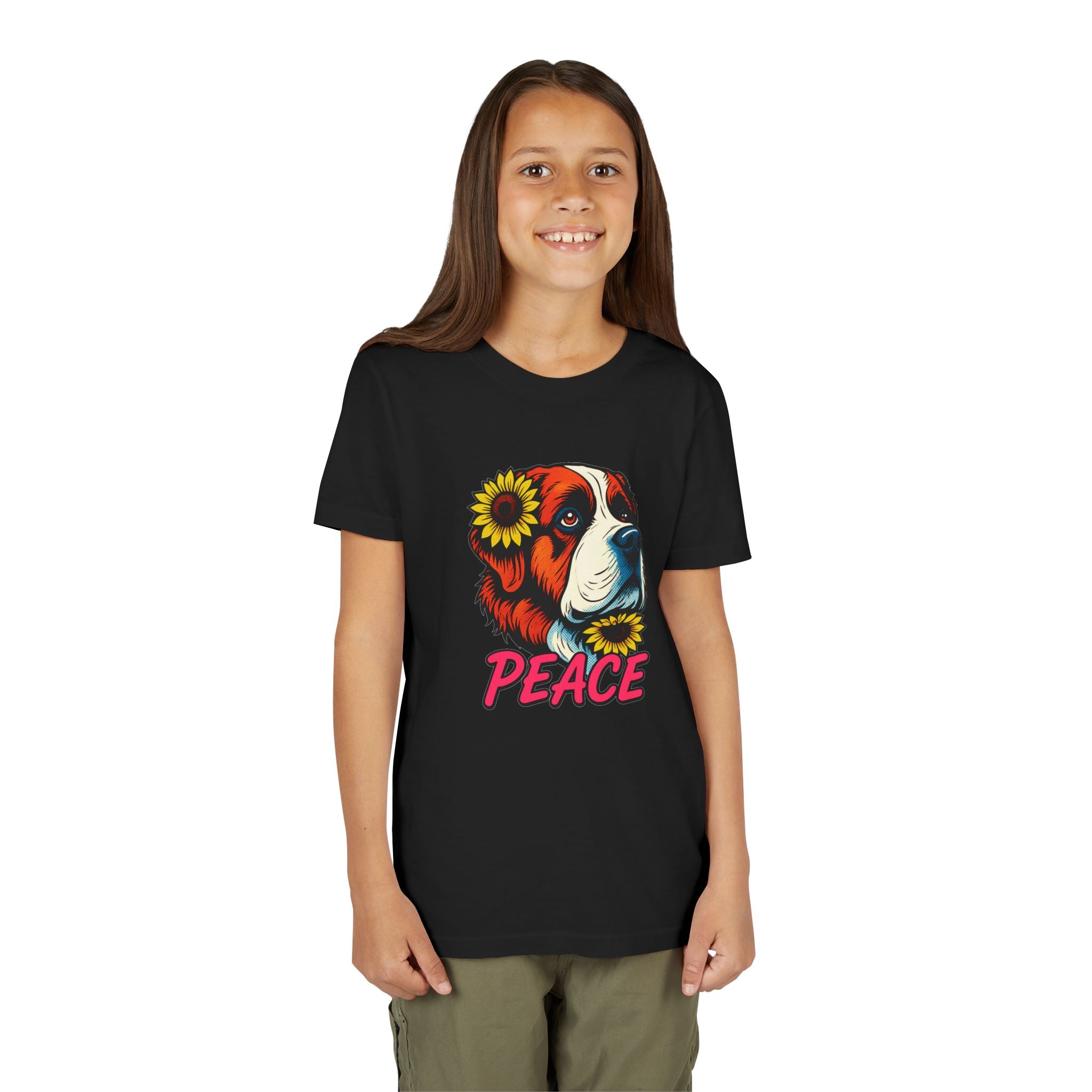 Youth Tee — Saint Bernard Dog with Sunflowers "Peace" Graphic
