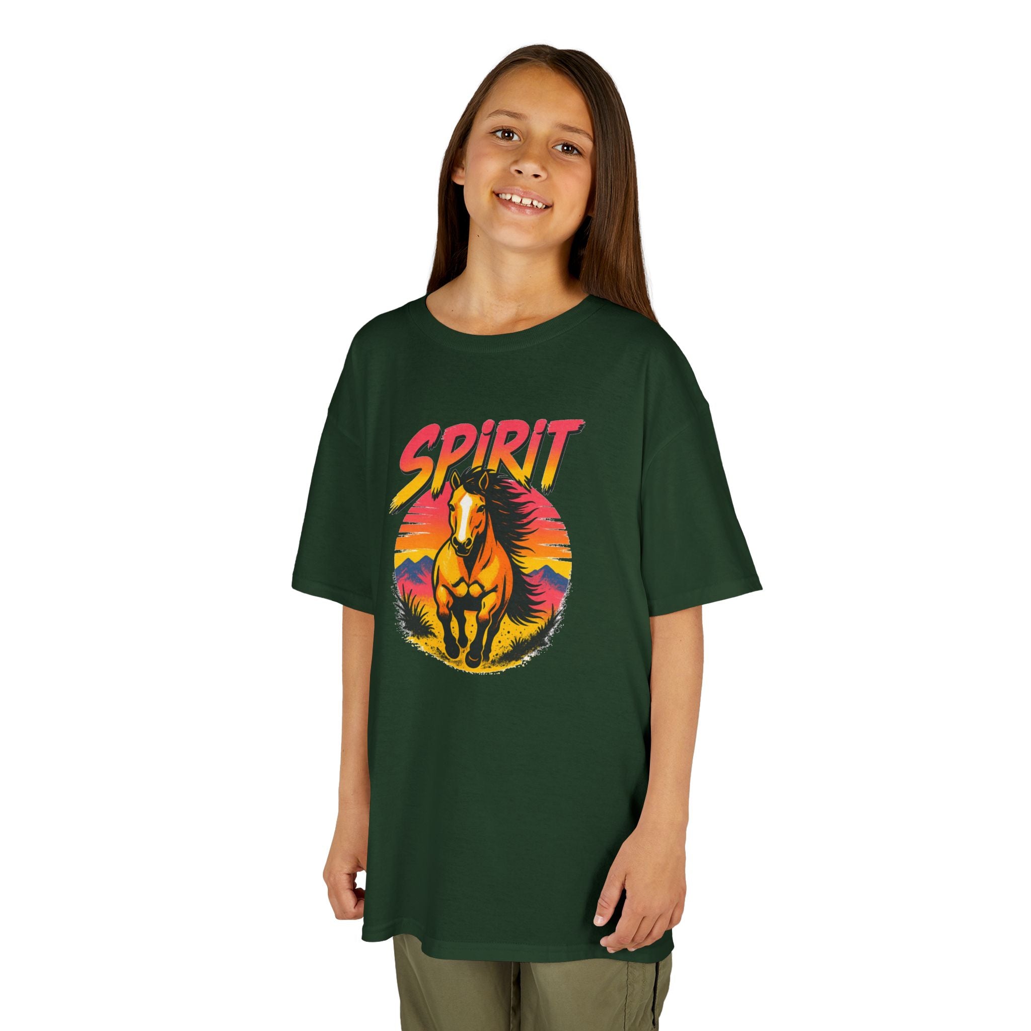 Spirit Horse Kids T‑Shirt — Retro Sunset Wild Horse Graphic Tee