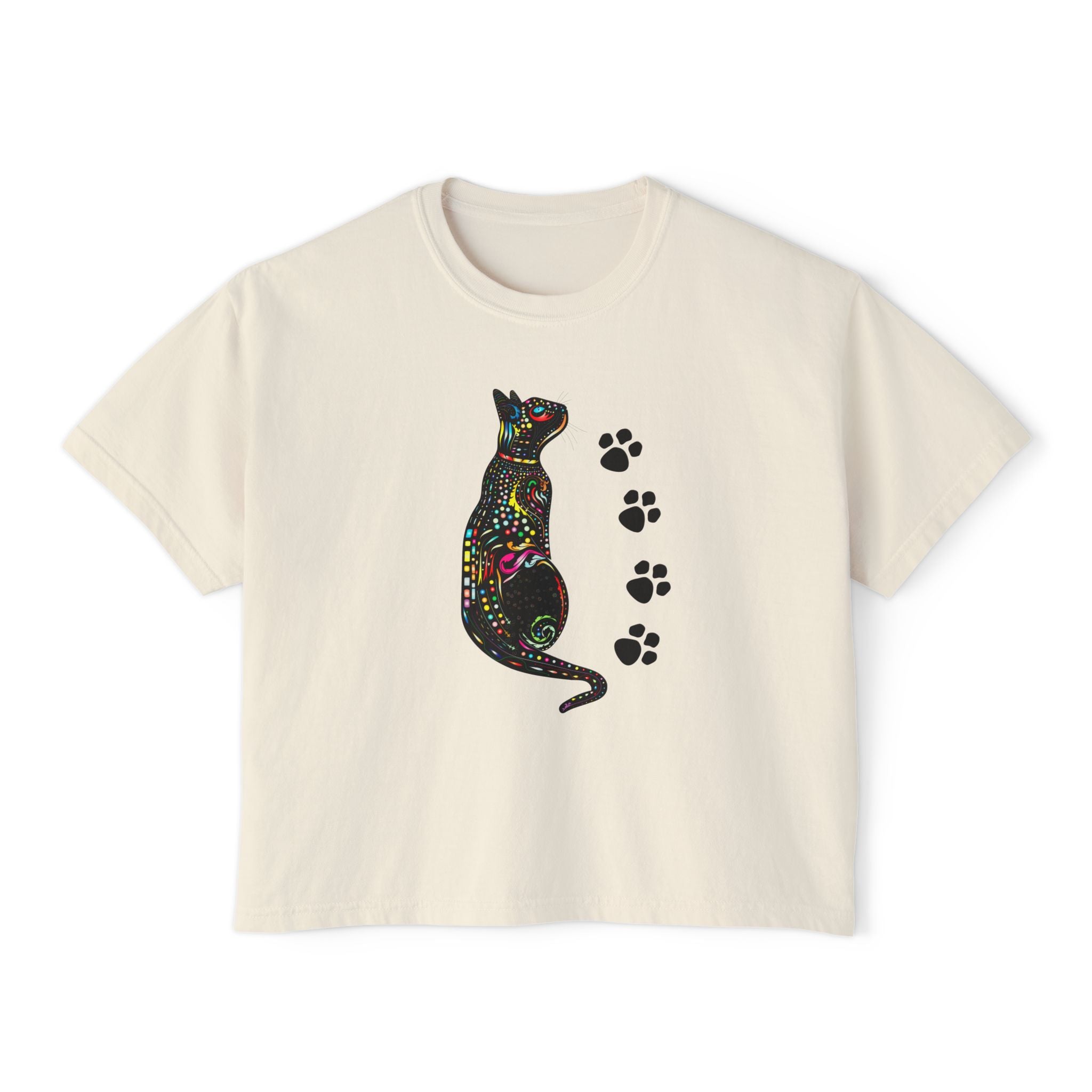 Black Cat Floral Graphic Tee, Cute Paw Print Boxy Shirt for Women