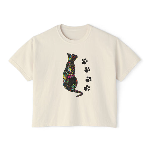 Black Cat Floral Graphic Tee, Cute Paw Print Boxy Shirt for Women