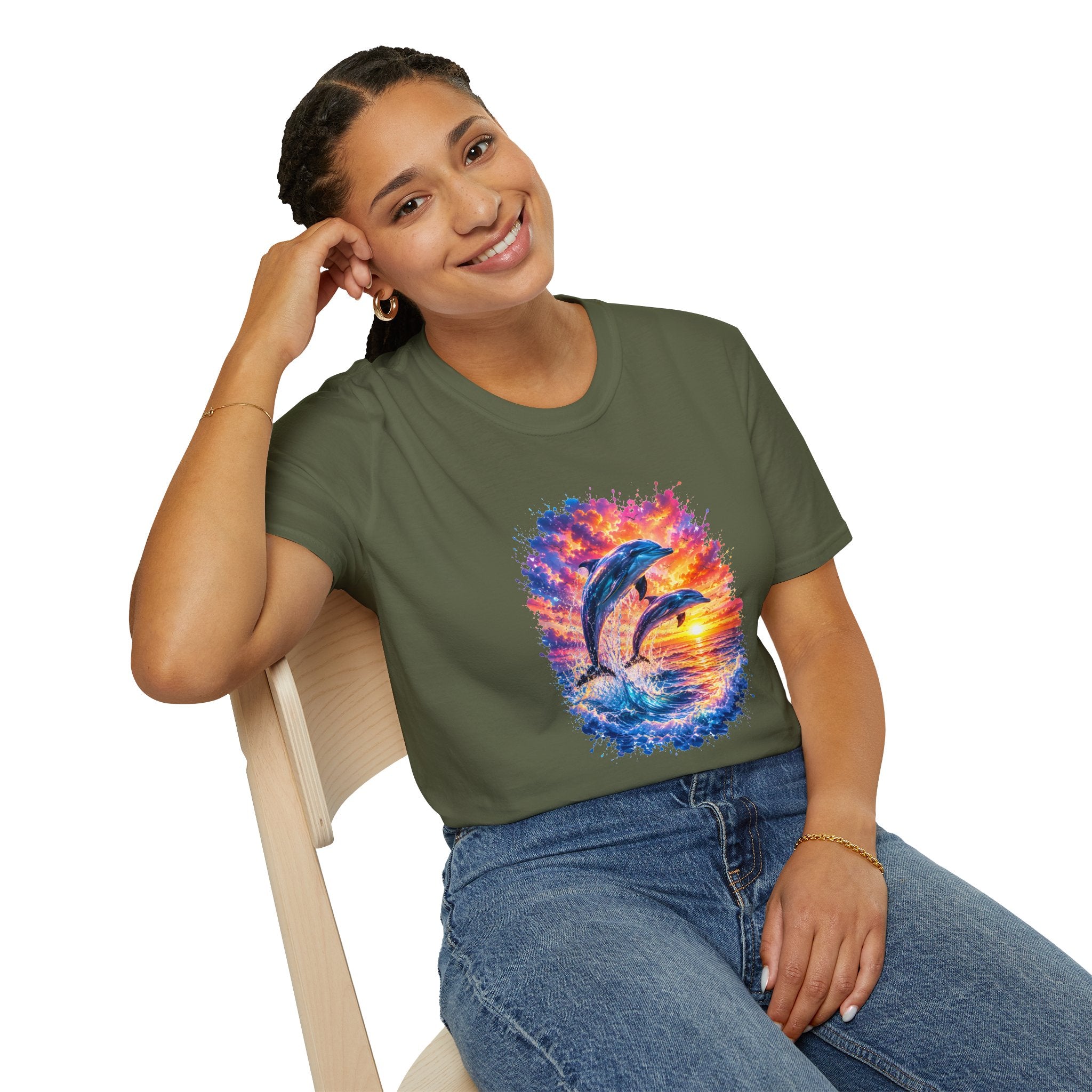 Dolphin Sunset TShirt  Vibrant Ocean Jump Graphic Tee