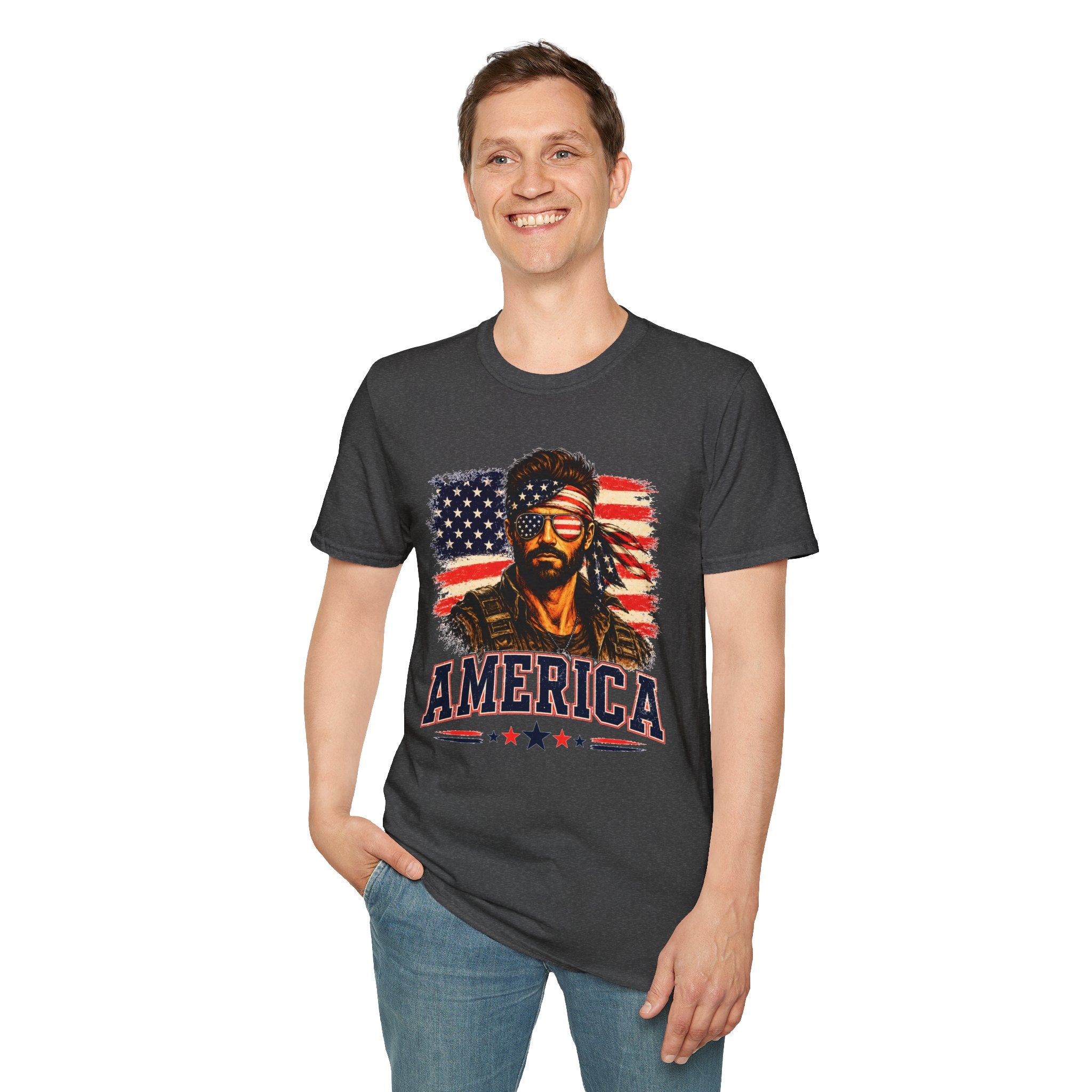 Patriotic Bandana Man T-Shirt — USA Flag Graphic Tee ("America")