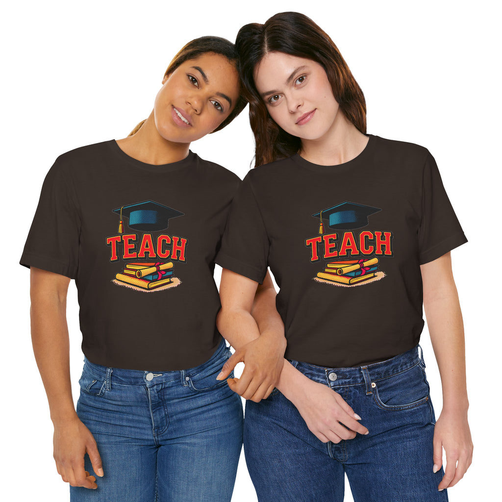 Teach Graduation T‑Shirt — Teacher Gift Tee with Cap & Books Design