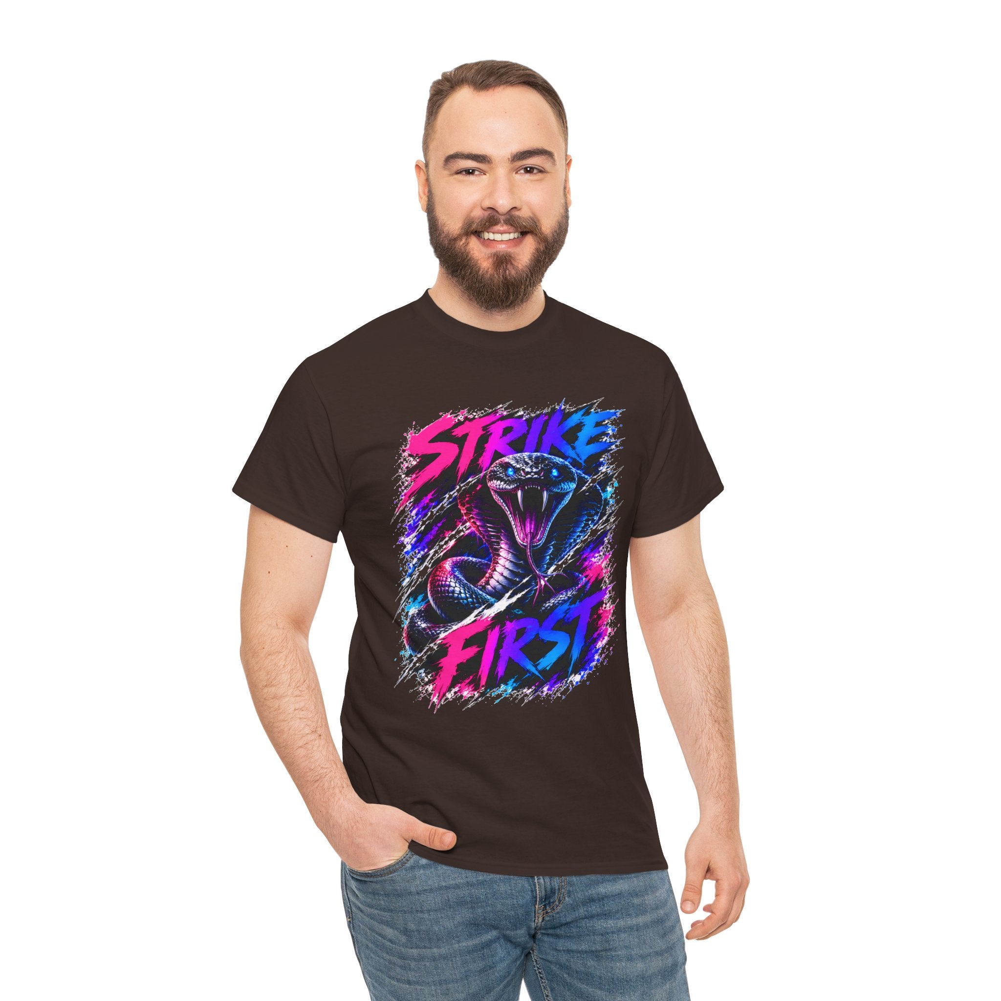 Strike First Cobra T-Shirt | Neon Snake Graphic Tee | Bold Streetwear Shirt | Unisex Graphic Tee