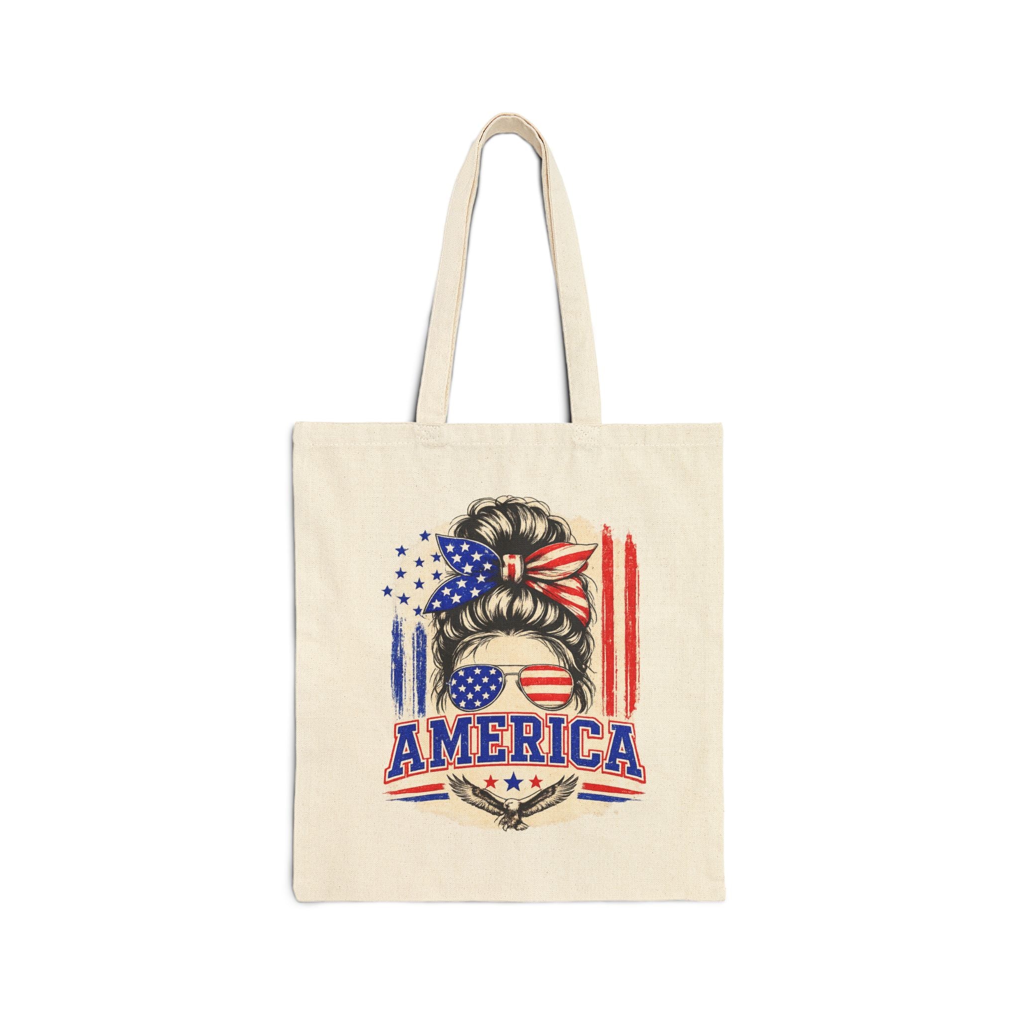 America Flag Hair Messy Bun Tote Bag — Patriotic 4th of July Cotton Canvas Tote