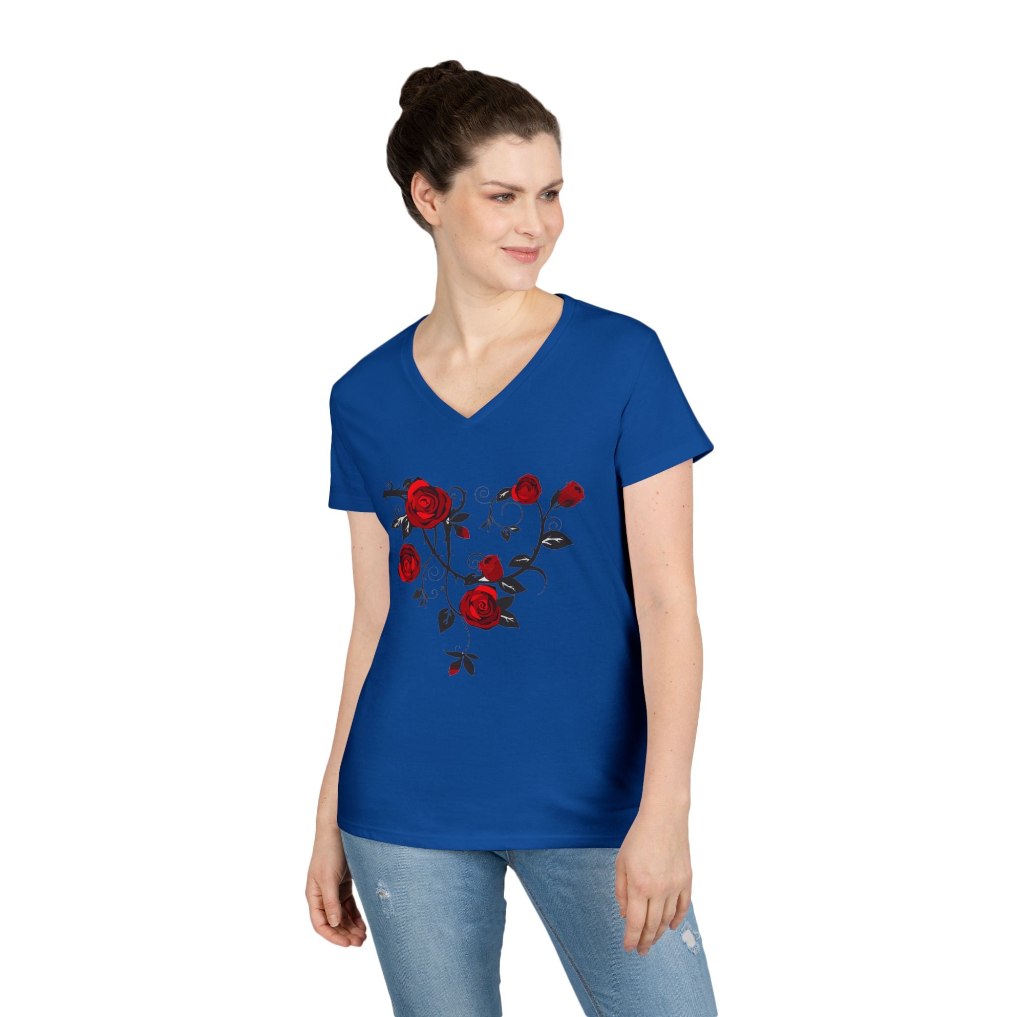 Rose Heart V-Neck Tee — Floral Red Roses Women's T-Shirt
