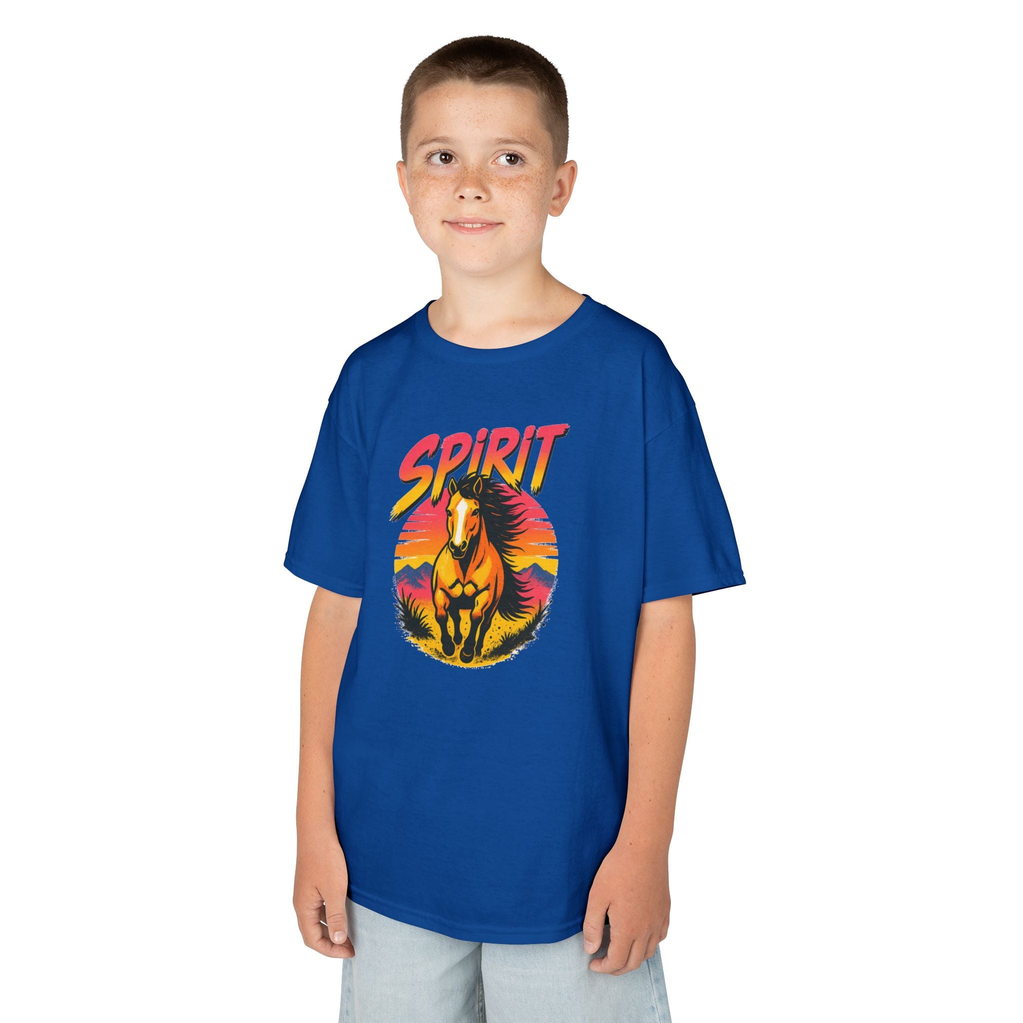 Spirit Horse Kids T‑Shirt — Retro Sunset Wild Horse Graphic Tee