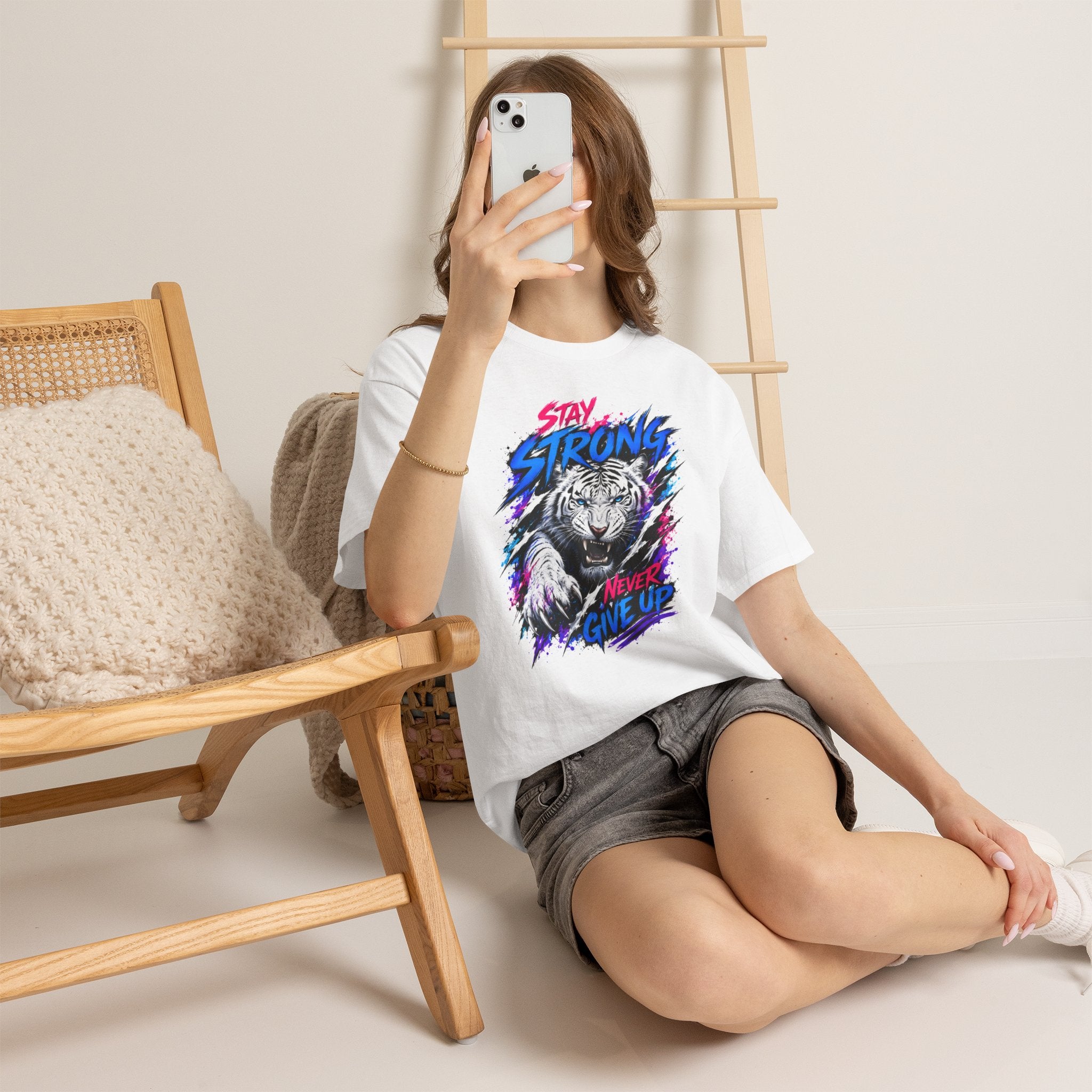 Stay Strong Never Give Up Tiger T-Shirt | White Tiger Graphic Tee | Motivational Unisex Shirt | Inspirational Animal Tee | Gift for Tiger Lovers