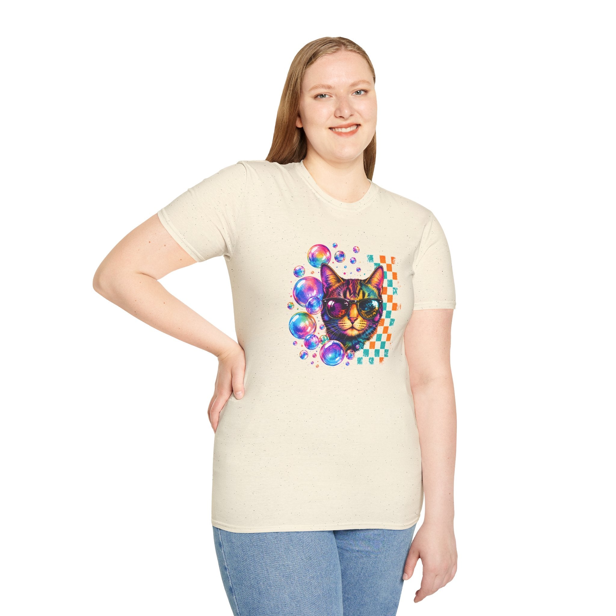 Colorful Cat Sunglasses T-Shirt, Retro Pop Art Cat Tee, Fun Graphic Shirt