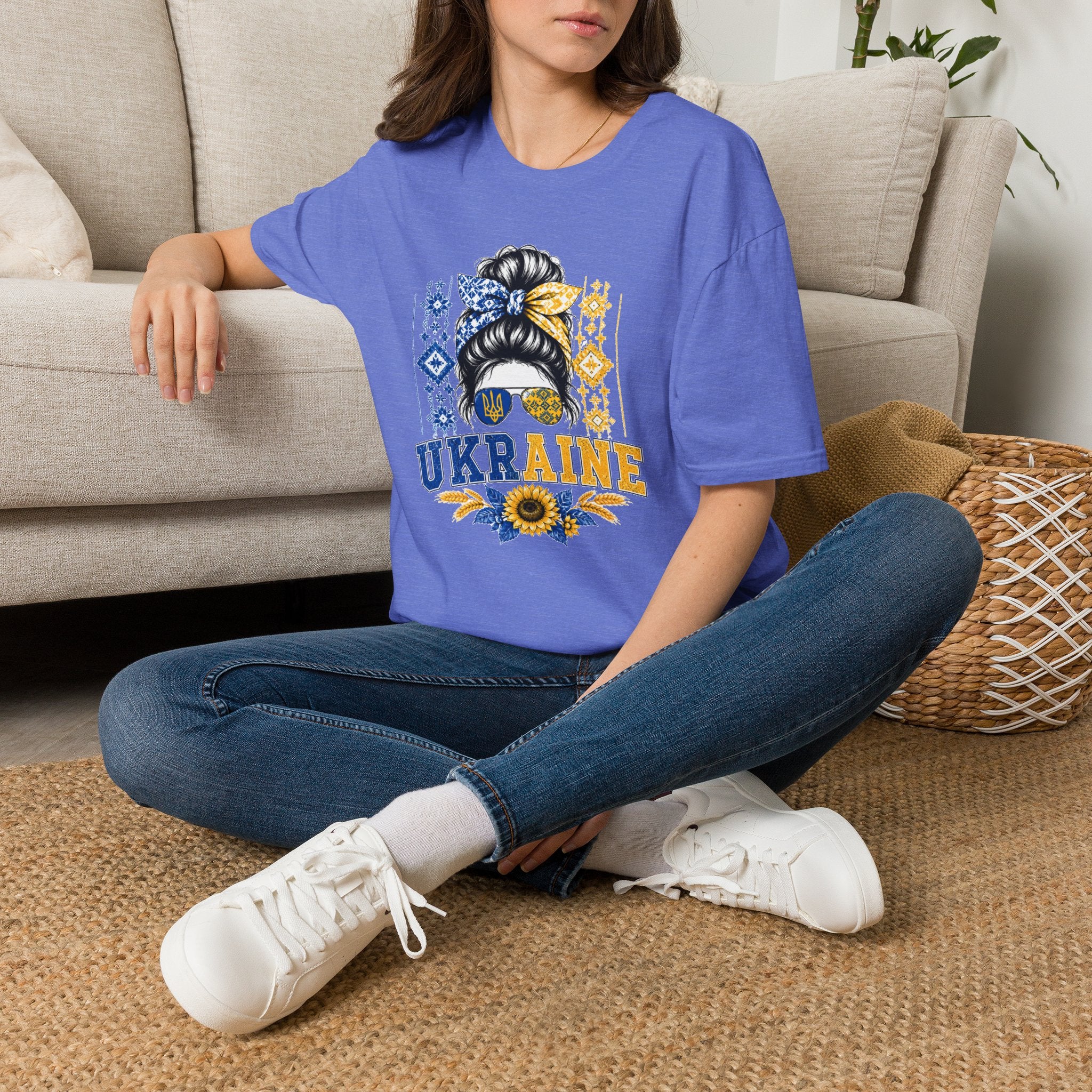 Ukraine Sunflower Hair Bun T-Shirt — Messy Bun with Blue & Yellow Bandana