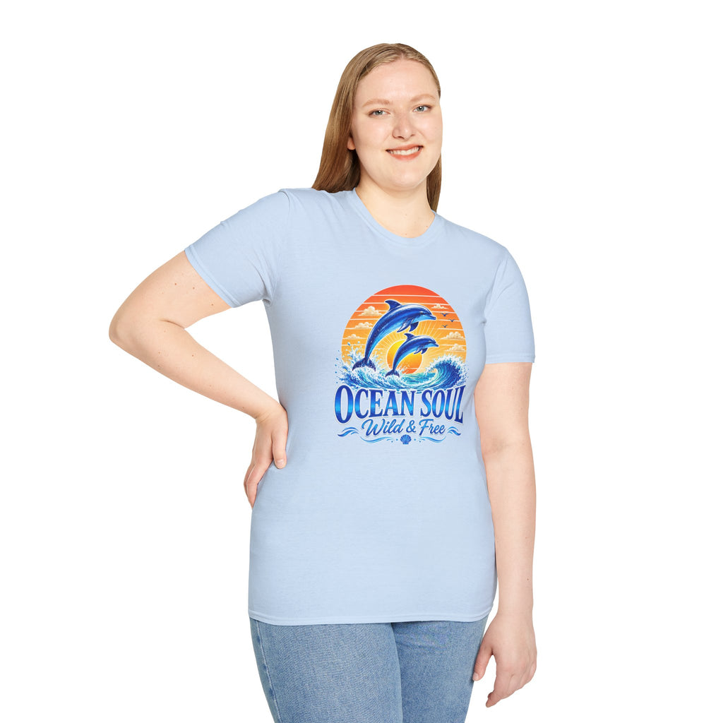 Ocean Soul Dolphin T-Shirt | Wild & Free Beach Tee | Coastal Summer Shirt | Ocean Lover Gift | Dolphin Graphic Unisex Tee