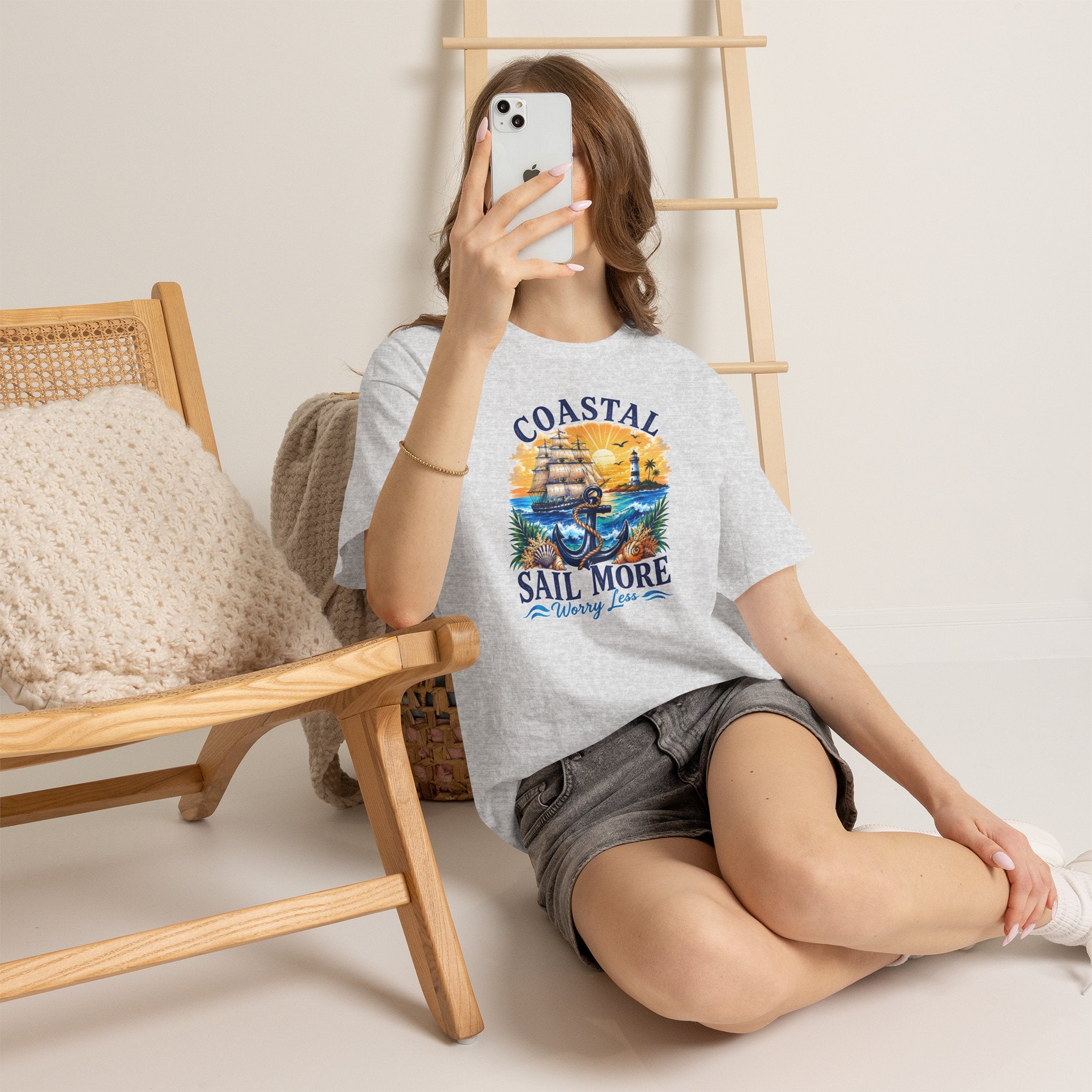 Coastal Sail More Worry Less T-Shirt | Nautical Beach Graphic Tee | Sailing Lover Shirt | Ocean Sunset Gift
