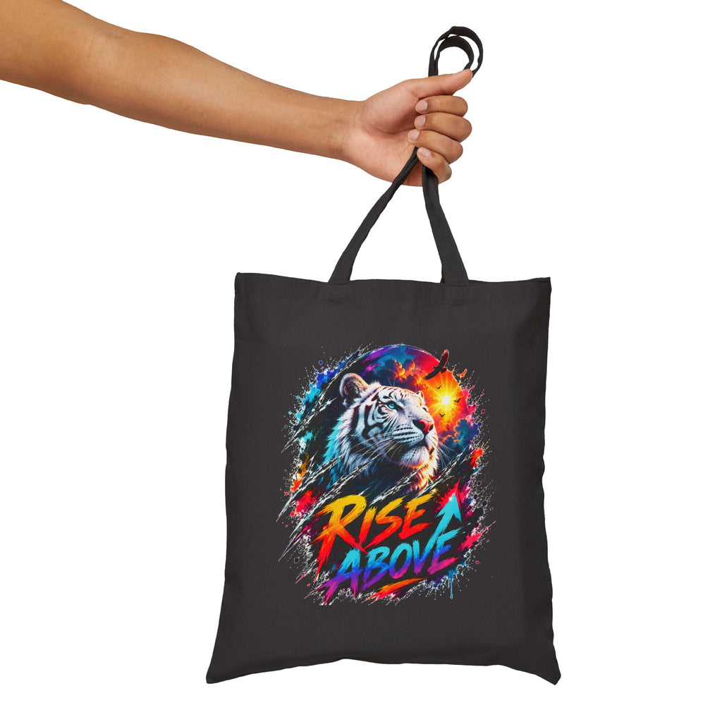 Rise Above Tiger Tote Bag | Colorful White Tiger Canvas Bag | Motivational Tote | Neon Animal Art | Reusable Shopping Bag | Gift for Tiger Lovers
