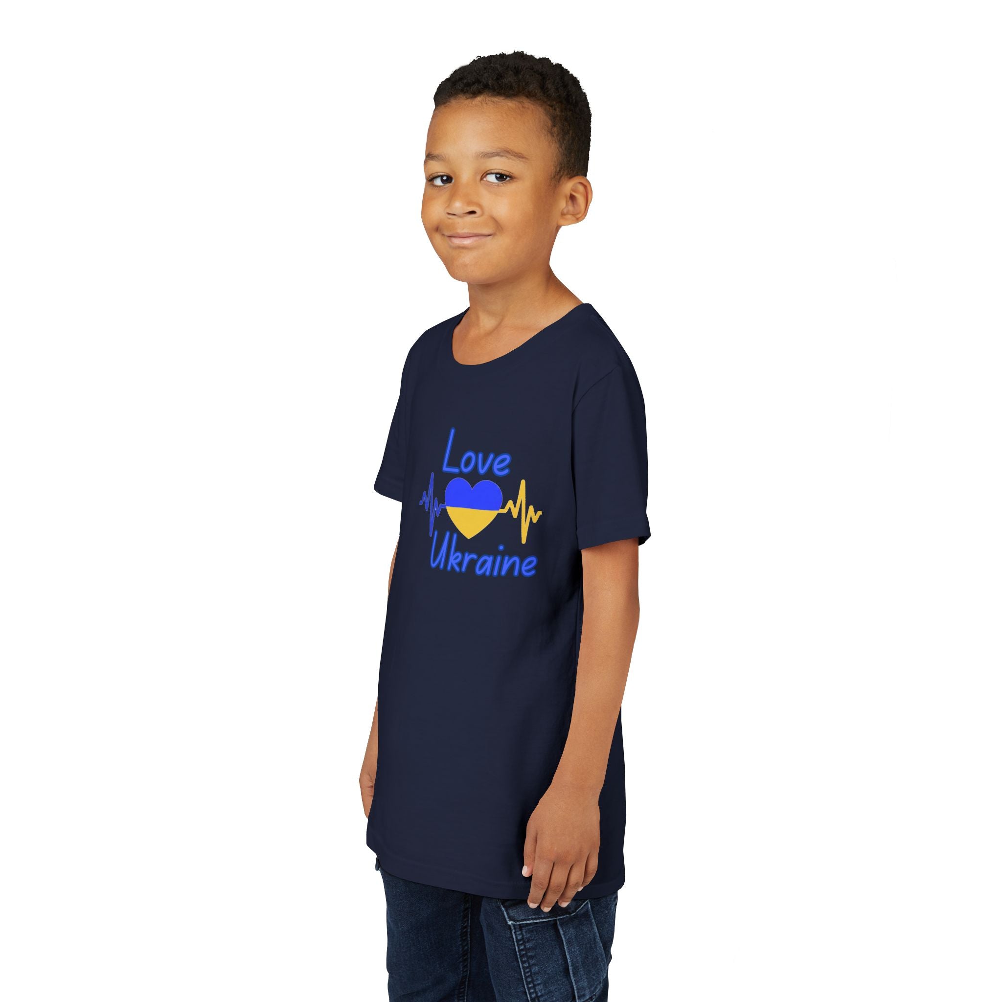 Love Ukraine Youth Tee — Blue & Yellow Heart Kids Shirt (Support Ukraine)
