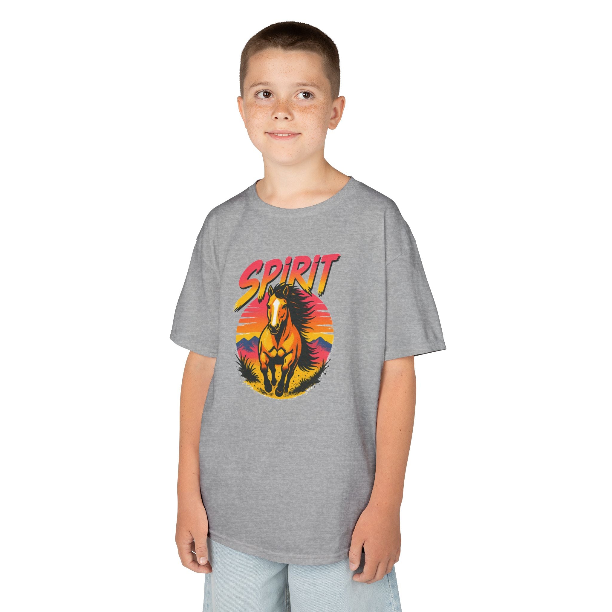 Spirit Horse Kids T‑Shirt — Retro Sunset Wild Horse Graphic Tee