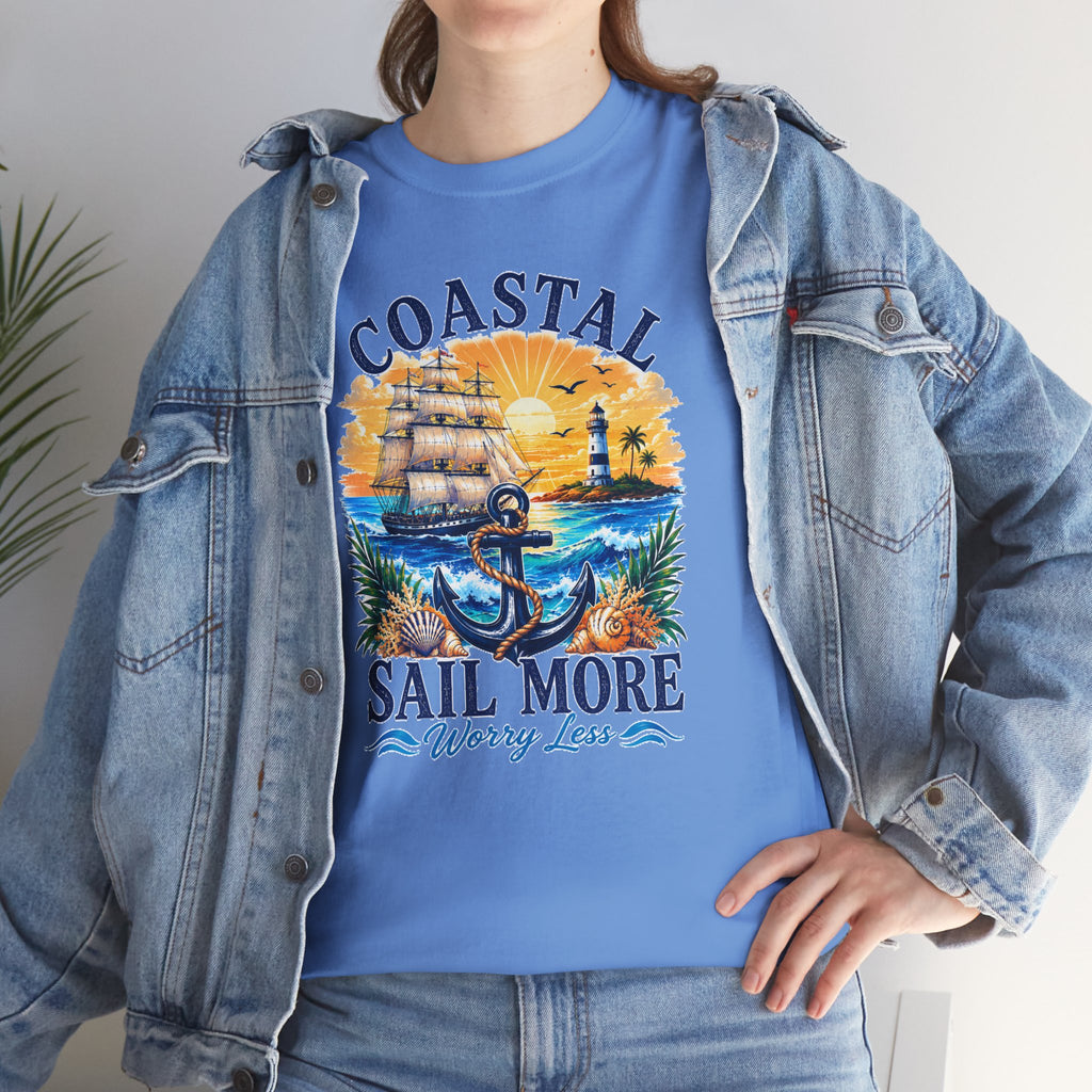 Coastal Sail More Worry Less T-Shirt | Nautical Beach Graphic Tee | Sailing Lover Shirt | Ocean Sunset Gift