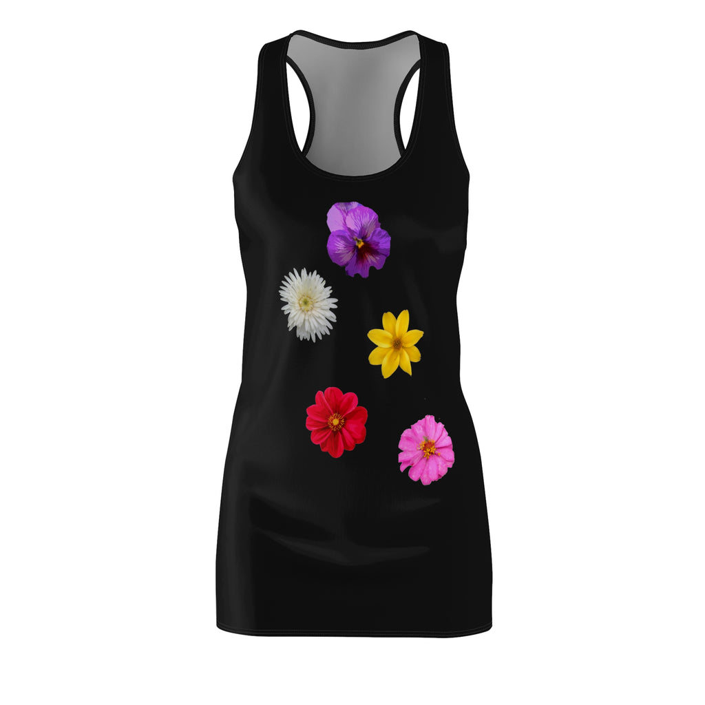 Floral Cascade Racerback Dress — Women's Black AOP Dress with Colorful Flower Print