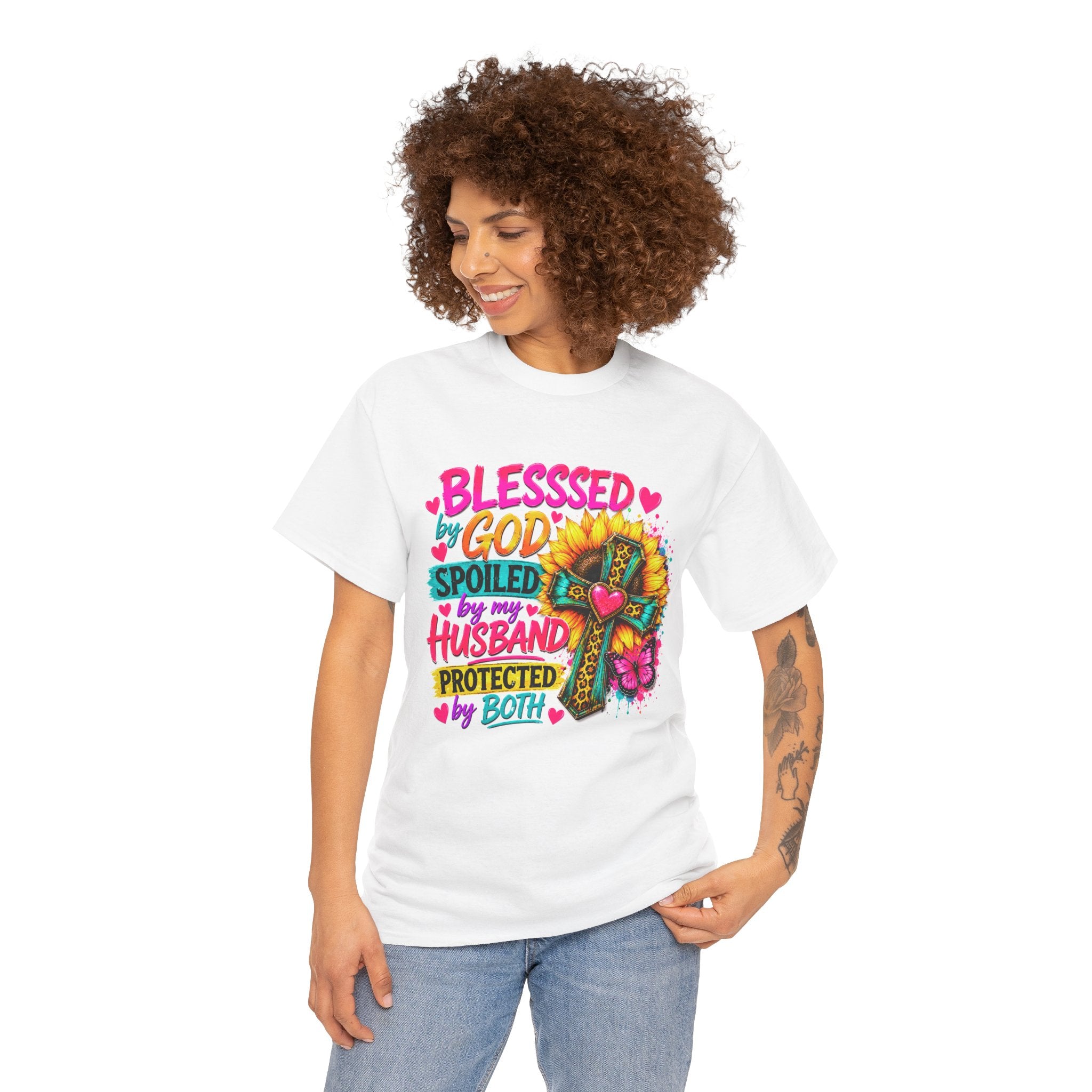 Blessed by God Spoiled by My Husband Shirt, Christian Floral Cross Tee, Faith Graphic T-Shirt for Women, Religious Gift for Wife, Cute Church Shirt