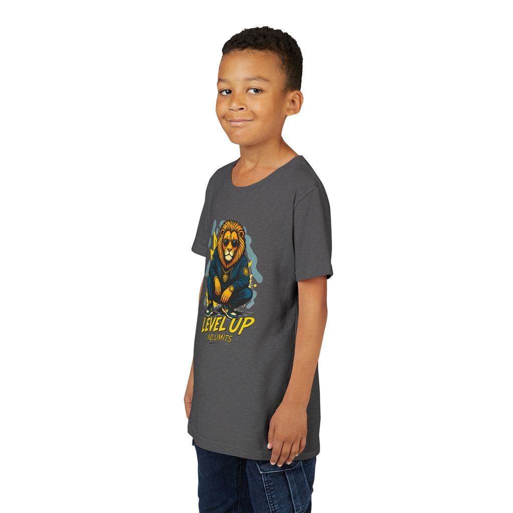 Youth Tee — 'Level Up No Limits' Lion Graphic Shirt