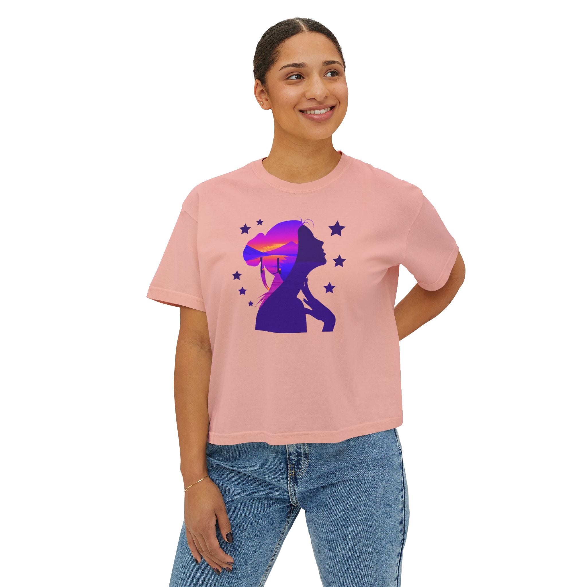 Women's Boxy Tee — Purple Sunset Silhouette Tee for Girls & Teens