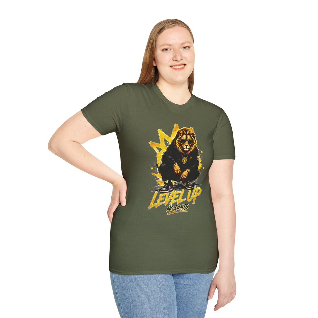 Lion 'Level Up No Limits' T-Shirt — Motivational Graphic Tee for Ambitious Souls