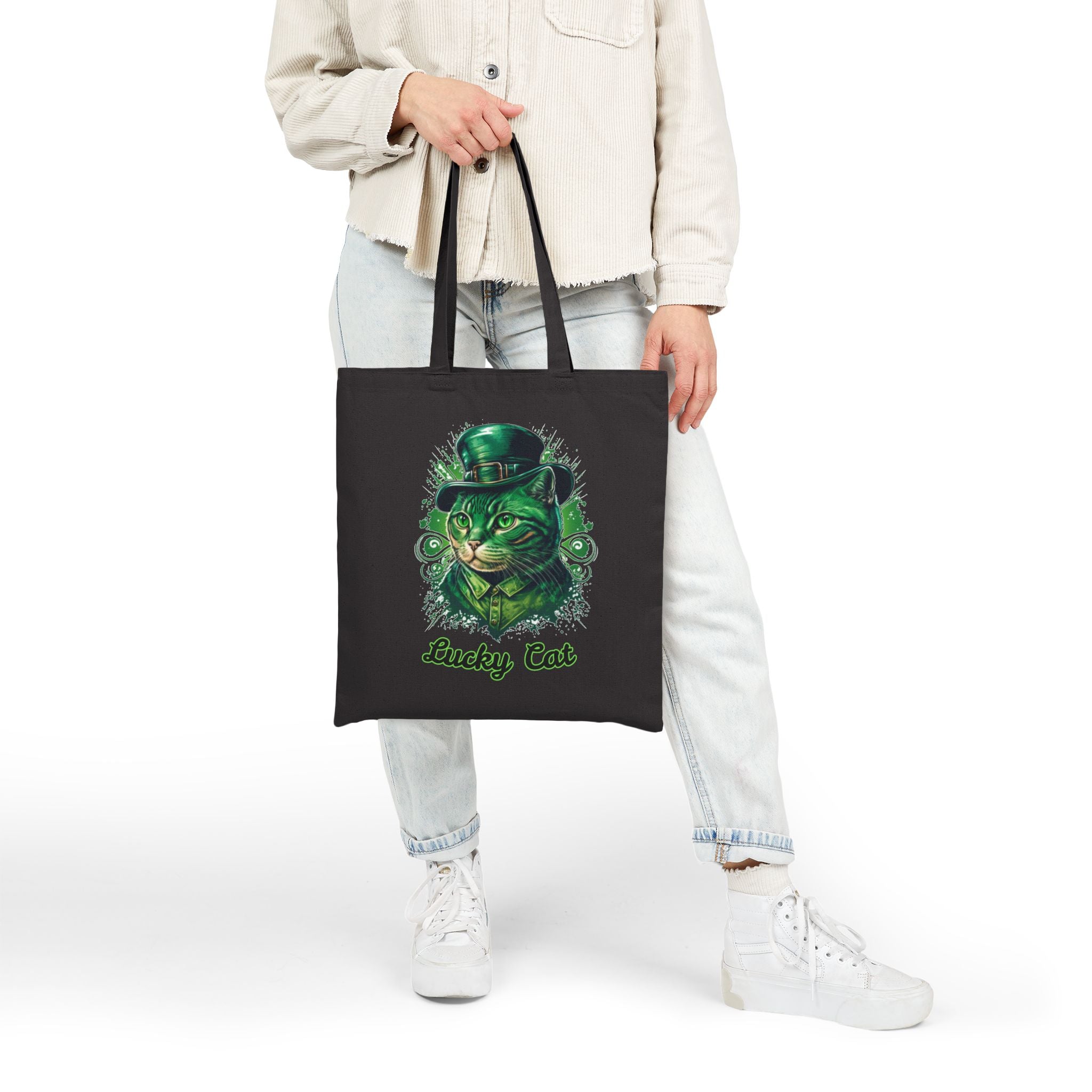 Lucky Cat Tote Bag – St. Patrick’s Day Green Kitty Canvas Tote