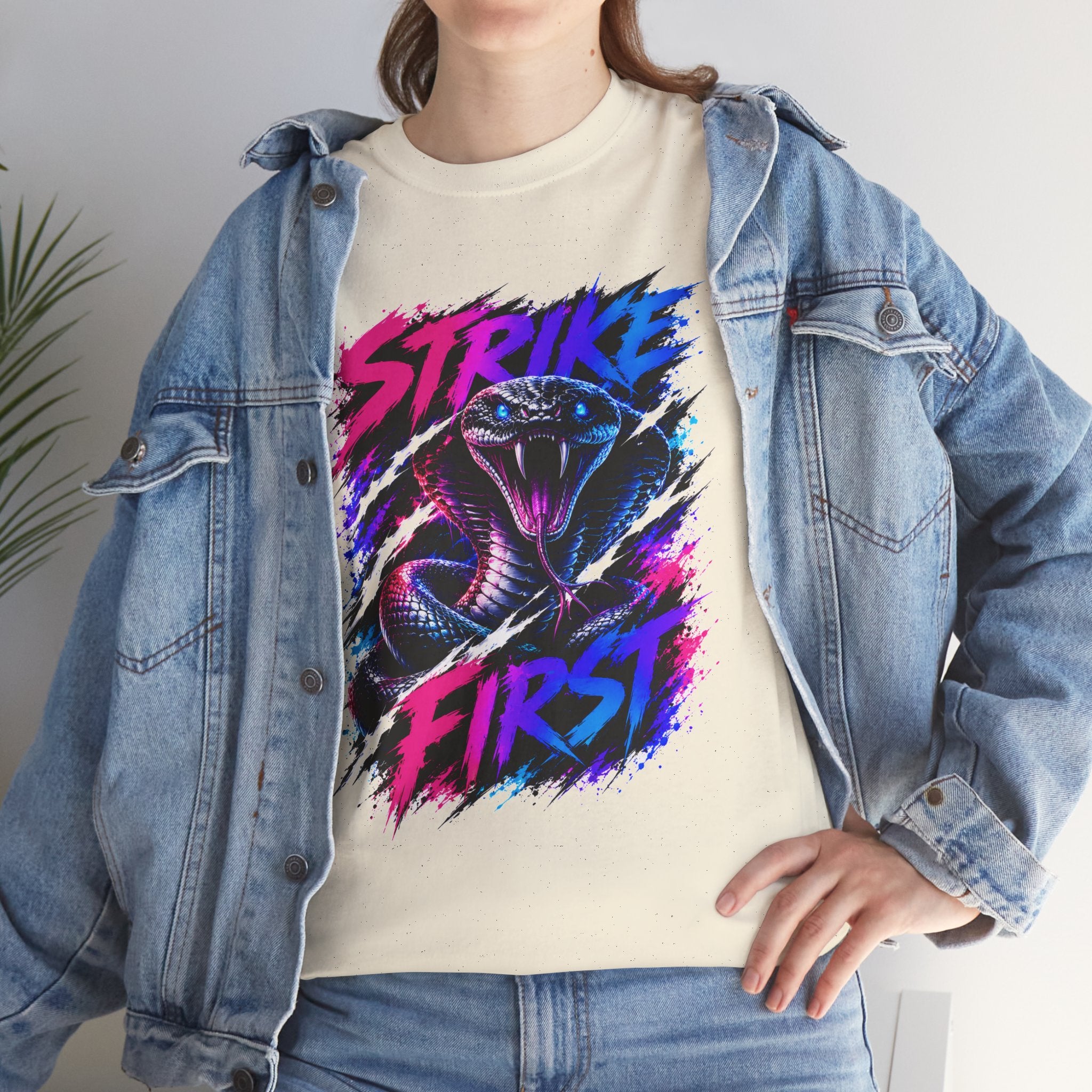 Strike First Cobra T-Shirt | Neon Snake Graphic Tee | Bold Streetwear Shirt | Unisex Graphic Tee