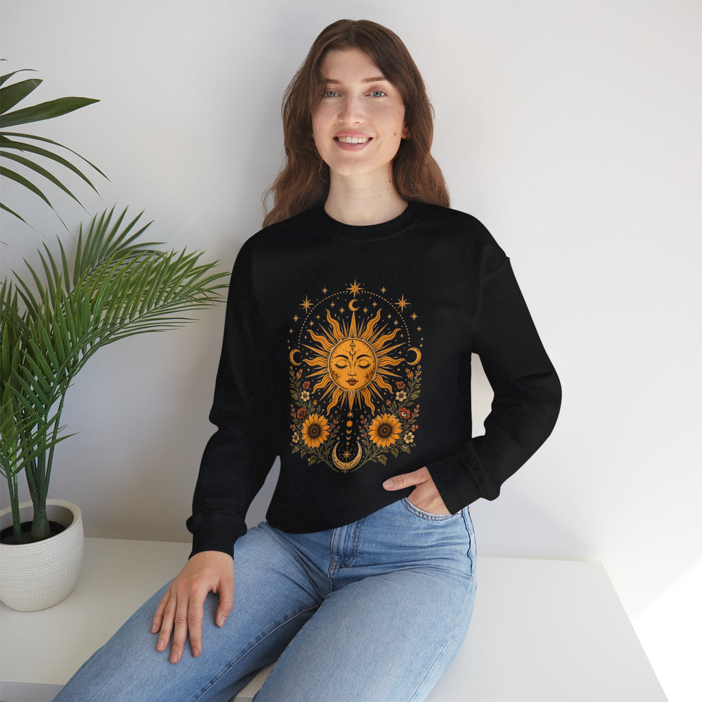 Sun & Sunflower Crewneck Sweatshirt, Boho Celestial Sweatshirt, Vintage Sun Graphic, Cozy Unisex Pullover, Gift for Her