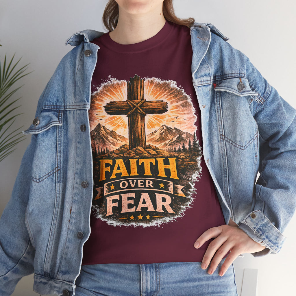 Faith Over Fear T-Shirt | Christian Cross Shirt | Religious Graphic Tee | Bible Verse Gift | Men's Faith Shirt