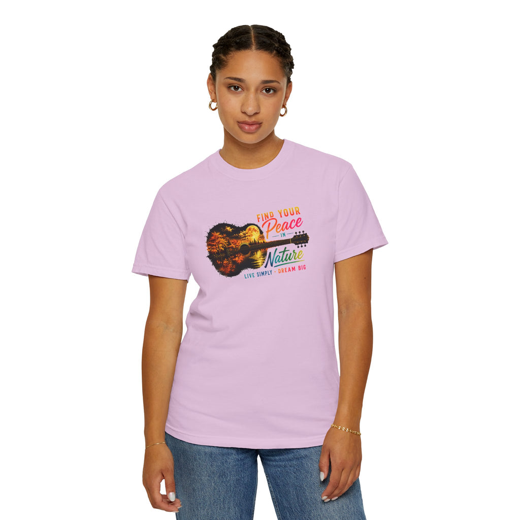 Acoustic Guitar Nature T-Shirt, Find Your Peace in Nature Tee, Music Lover Gift, Camping Shirt, Outdoor Graphic Tee, Hiking Shirt