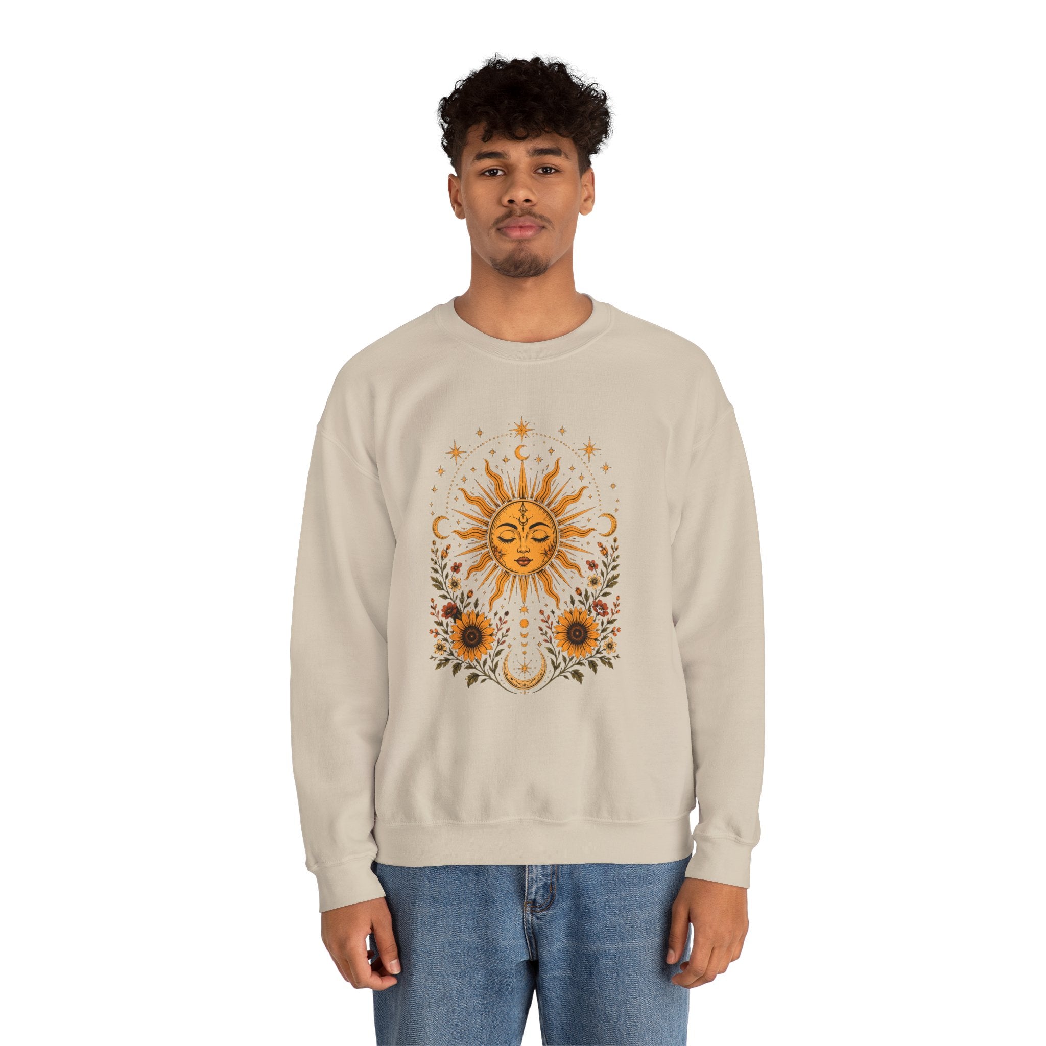 Sun & Sunflower Crewneck Sweatshirt, Boho Celestial Sweatshirt, Vintage Sun Graphic, Cozy Unisex Pullover, Gift for Her