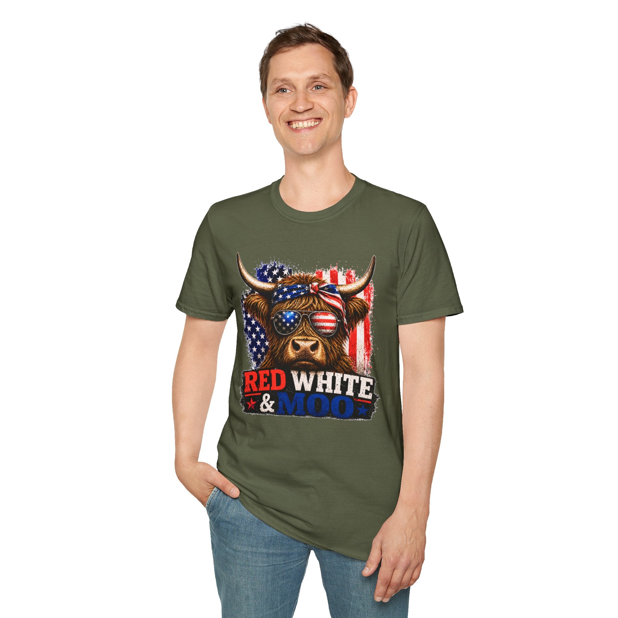 Patriotic Cow Graphic T-Shirt — "Red White & Moo" American Flag Tee