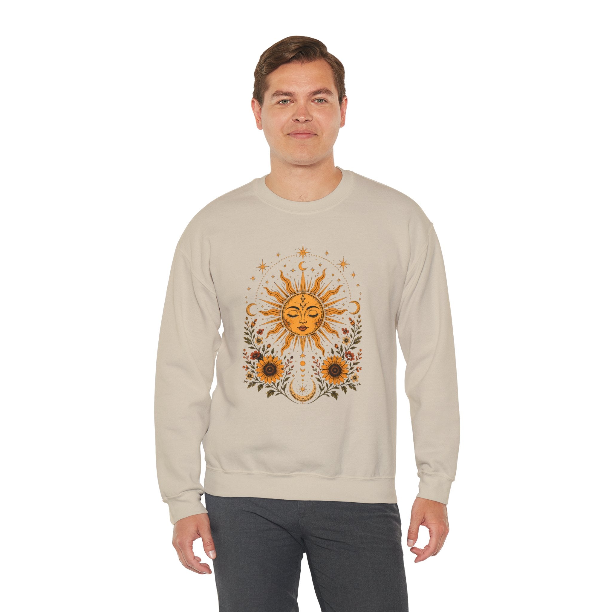 Sun & Sunflower Crewneck Sweatshirt, Boho Celestial Sweatshirt, Vintage Sun Graphic, Cozy Unisex Pullover, Gift for Her