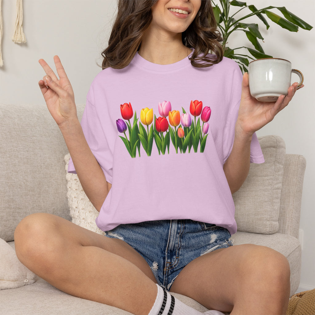 Colorful Tulip Shirt, Floral T-Shirt for Women, Botanical Graphic Tee, Spring Garden Shirt, Comfort Colors Tee