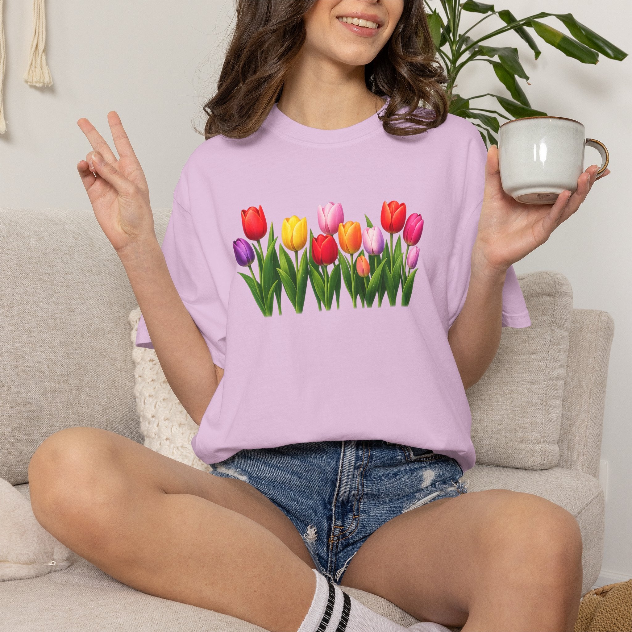 Colorful Tulip Shirt, Floral T-Shirt for Women, Botanical Graphic Tee, Spring Garden Shirt, Comfort Colors Tee