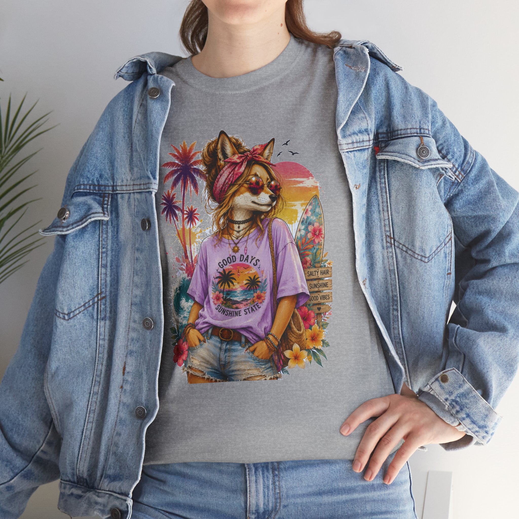 Fox Beach Vibes Shirt, Retro Beach T-Shirt, Summer Sunset Graphic Tee, Coastal Vacation Gift