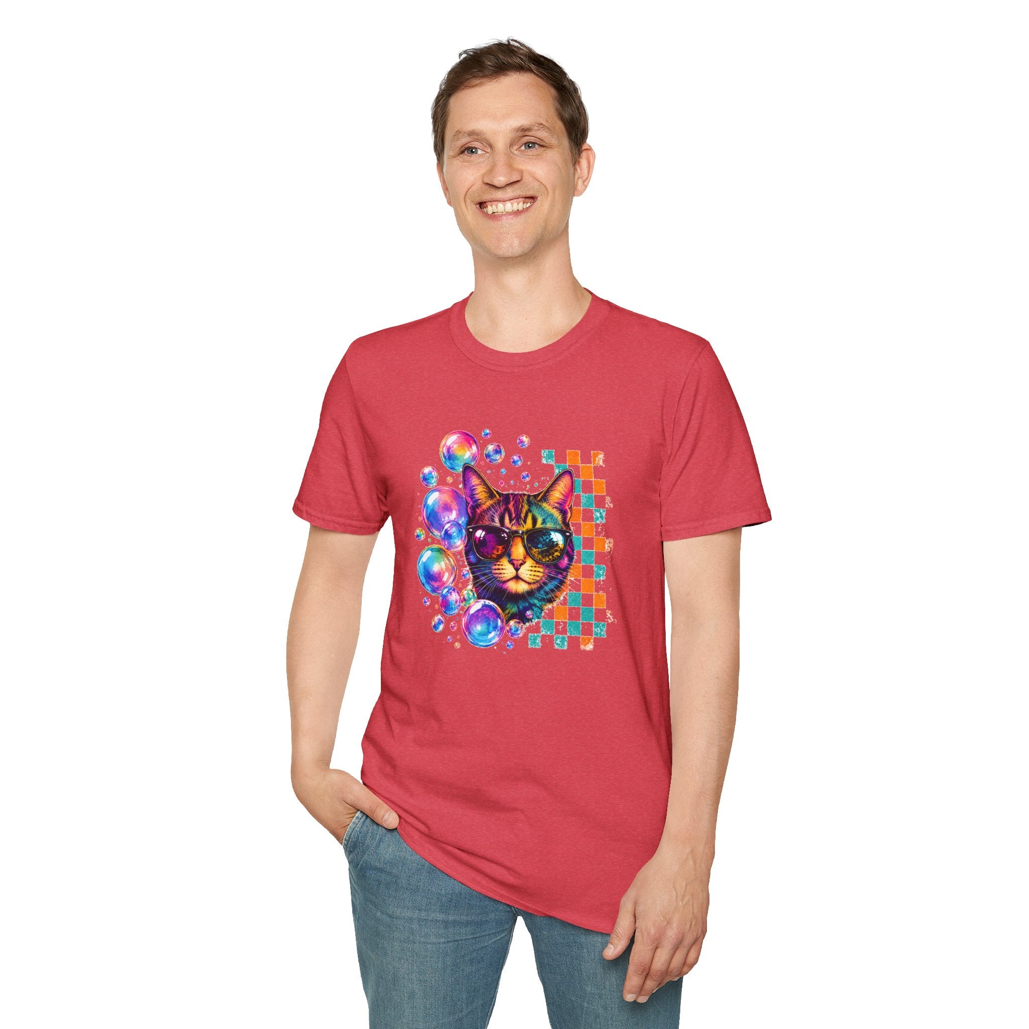 Colorful Cat Sunglasses T-Shirt, Retro Pop Art Cat Tee, Fun Graphic Shirt