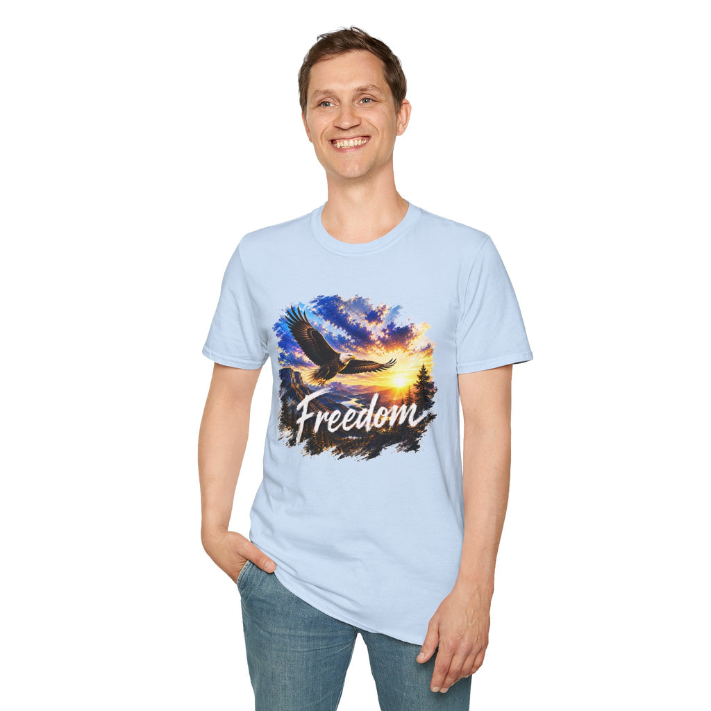 Freedom Eagle T-Shirt, Soaring Eagle Graphic Tee, Sunset Wildlife Shirt, Nature Lover Gift, Unisex Outdoor Tee