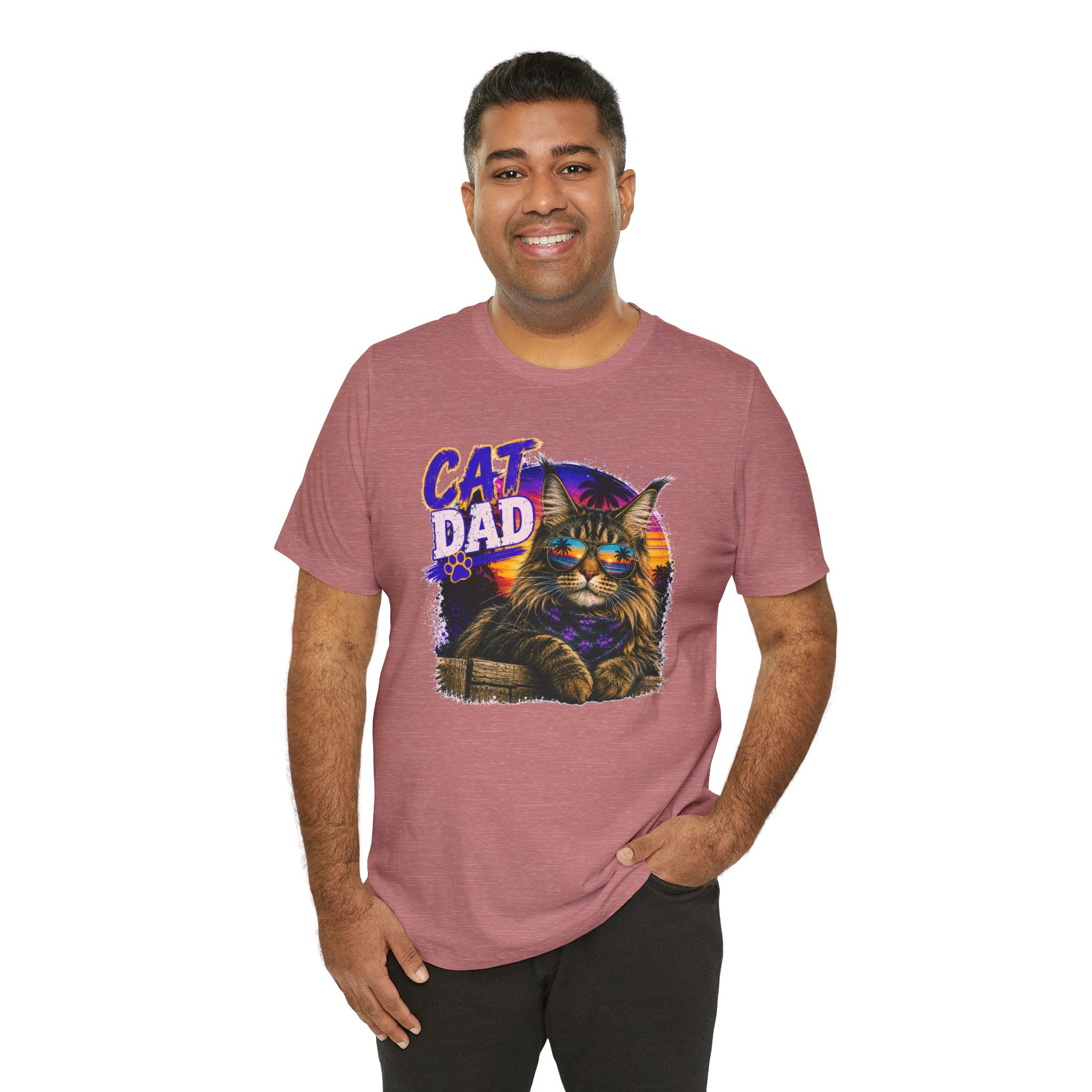 Cat Dad Maine Coon T-Shirt | Retro Sunset Cat Lover Shirt | Funny Cat Dad Gift | Vintage Graphic Tee for Men