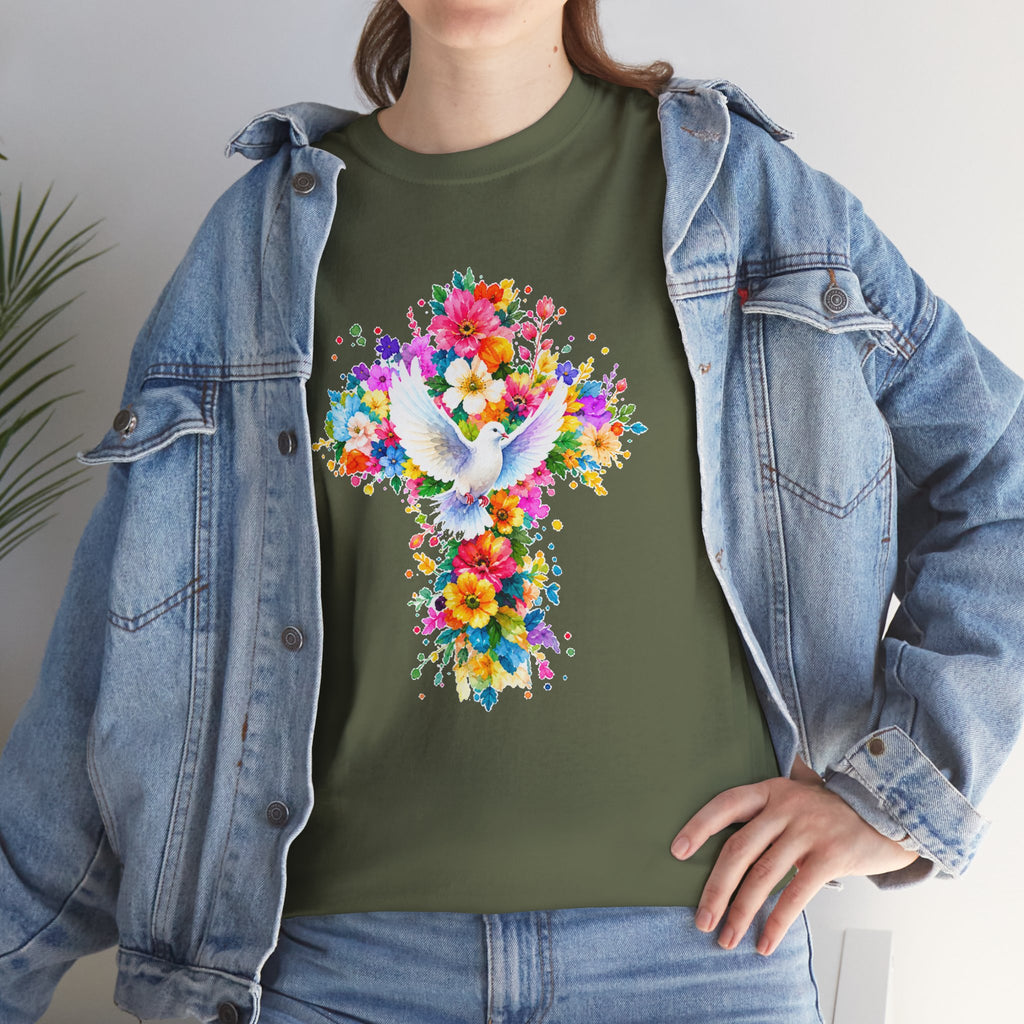 Christian Floral Cross T-Shirt | Dove Faith Shirt | Religious Graphic Tee | Holy Spirit Shirt | Easter Gift | Church Shirt