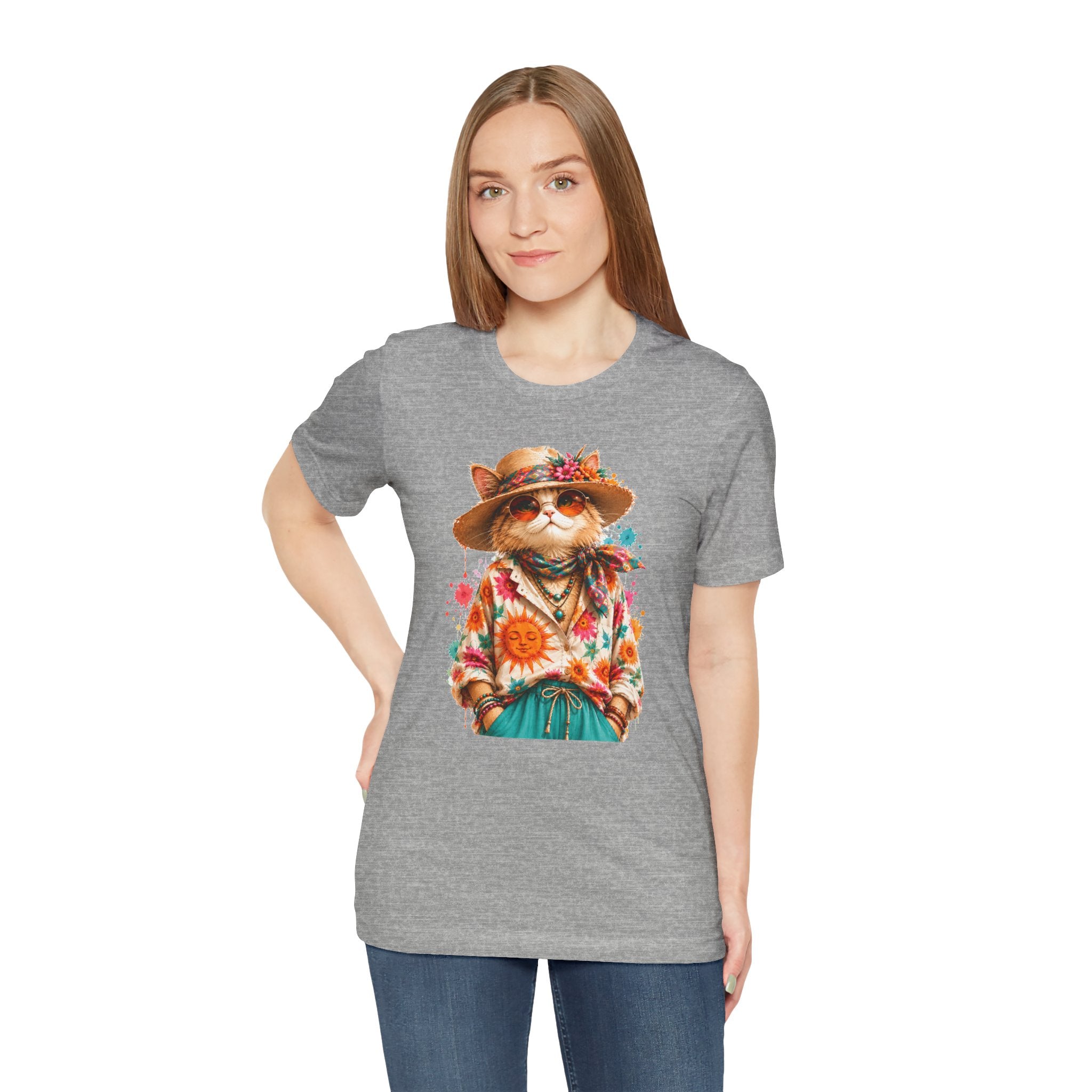 Boho Cat Graphic Tee — Floral Hat & Sunshine Cat T-Shirt