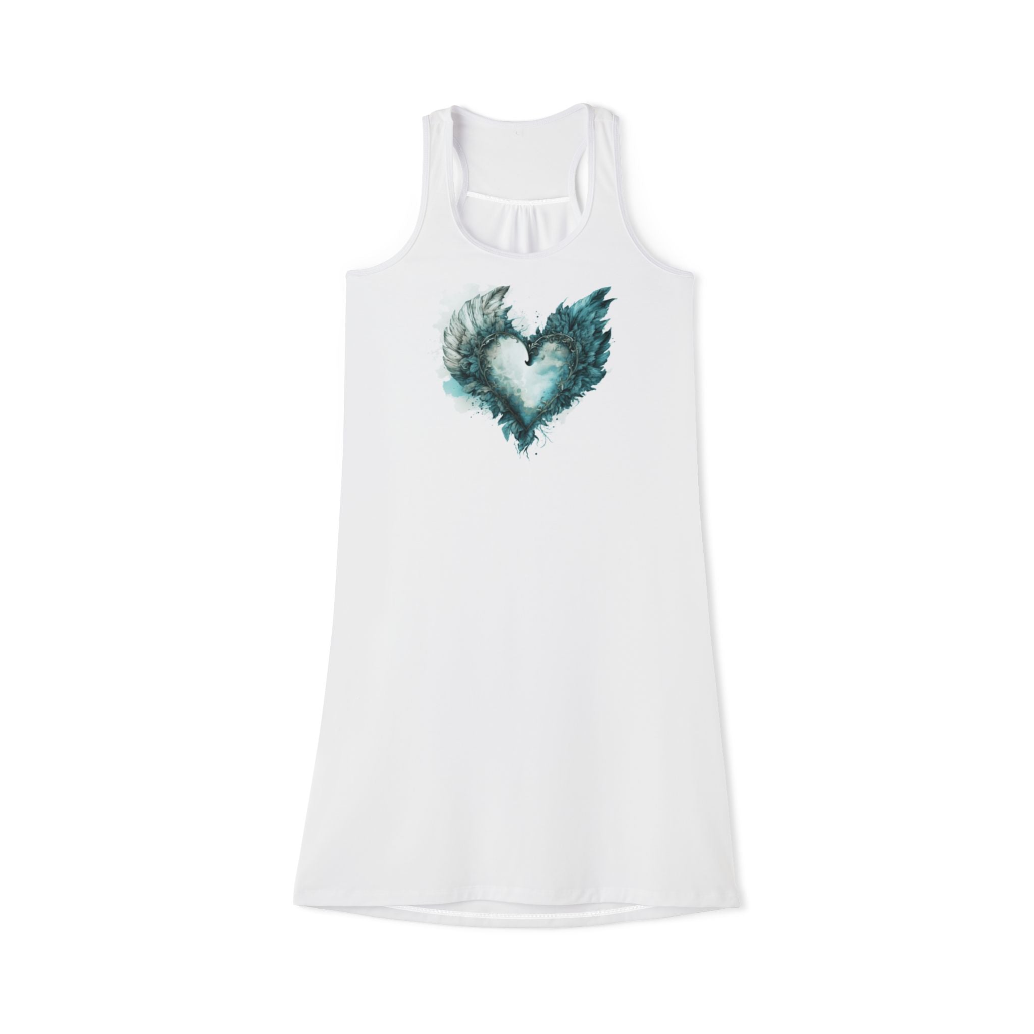 Boho Heart Racerback Dress, Feather Heart Summer Dress, Cute Beach Sundress for Women