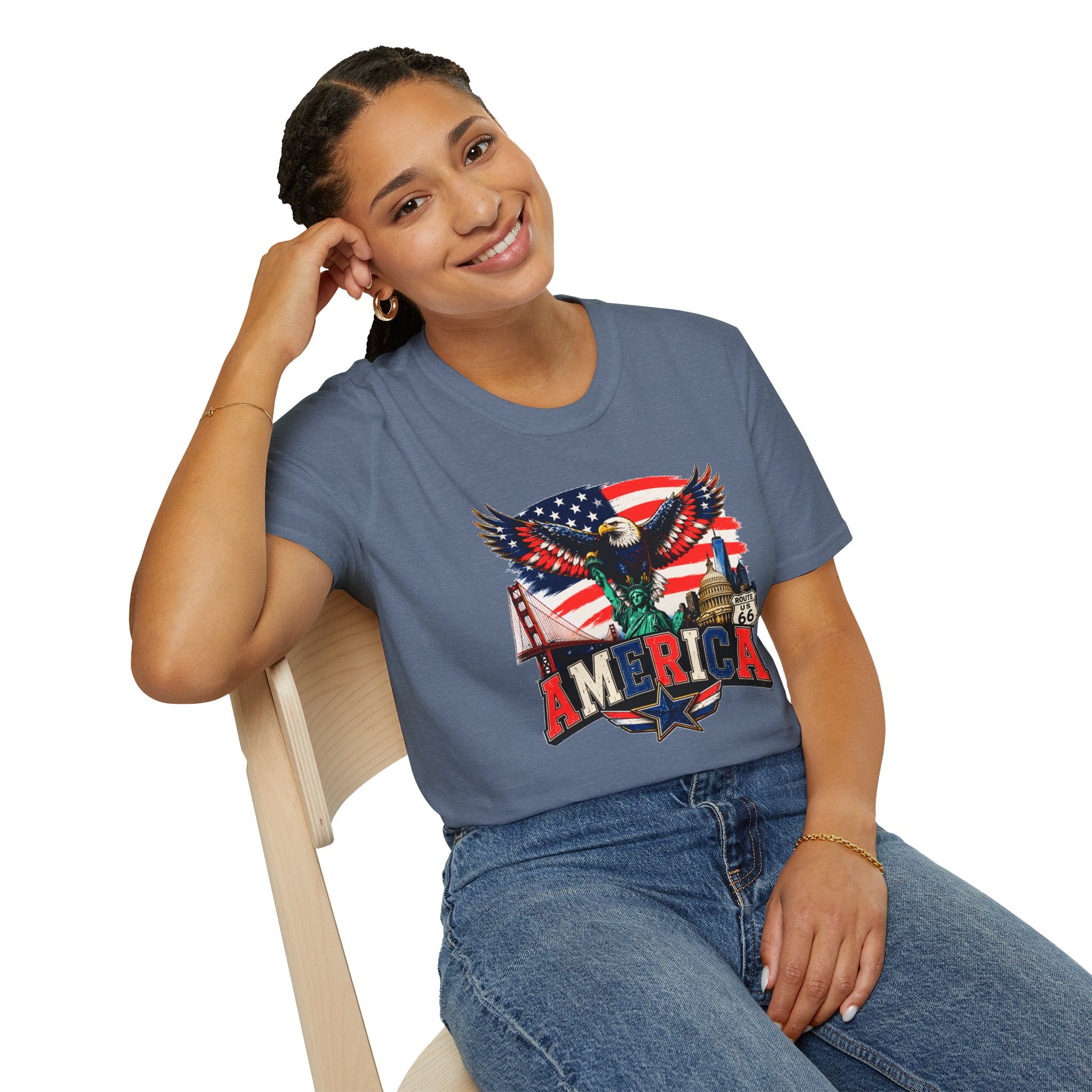 America Eagle Graphic T-Shirt — Patriotic USA Flag & Landmarks Tee (Statue of Liberty, Golden Gate, Capitol, Route 66)