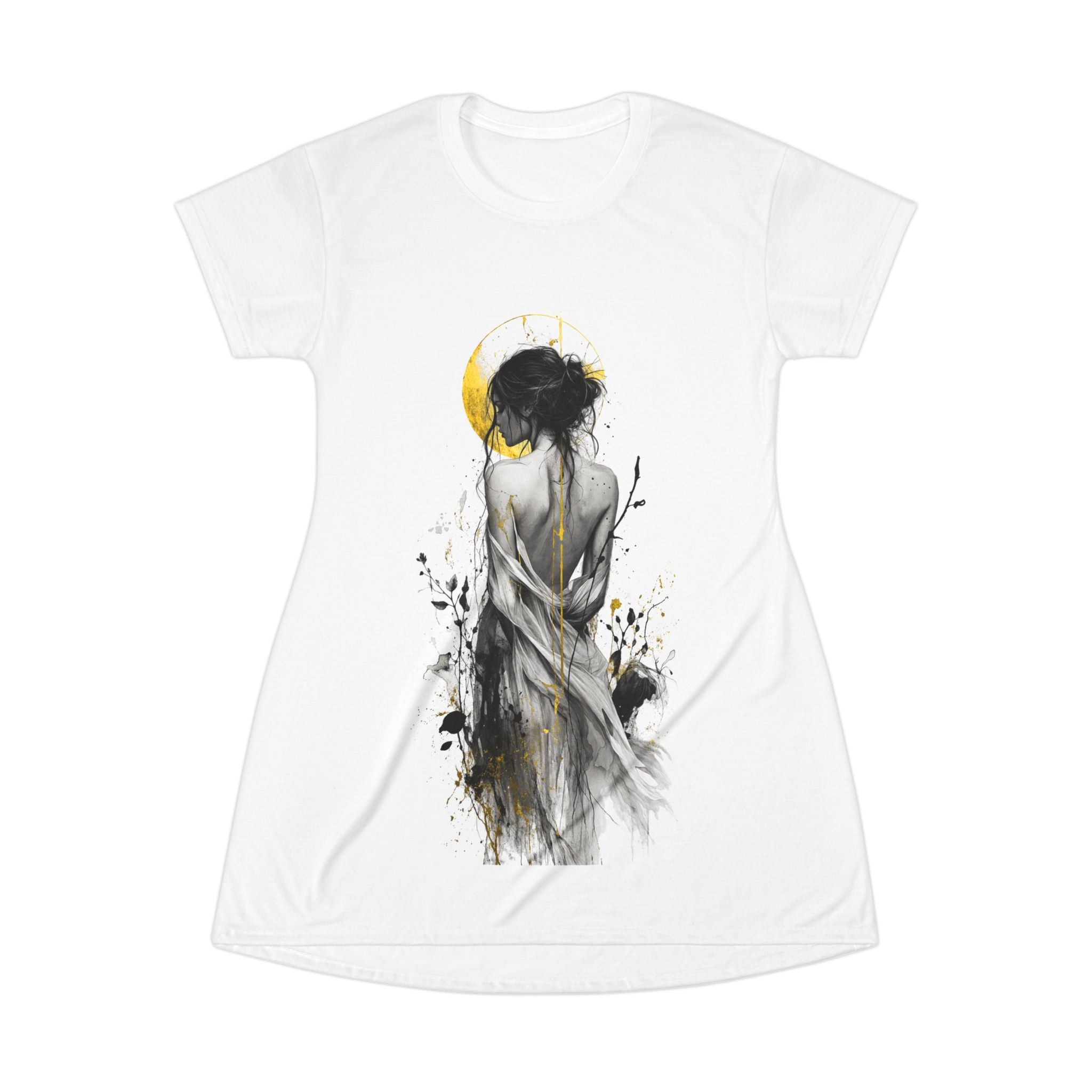 Artistic Watercolor Woman T-Shirt Dress – Ethereal Black & Gold Illustration
