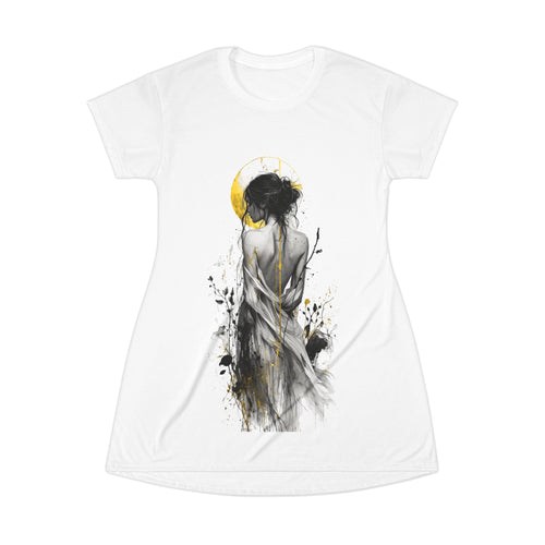 Artistic Watercolor Woman T-Shirt Dress – Ethereal Black & Gold Illustration